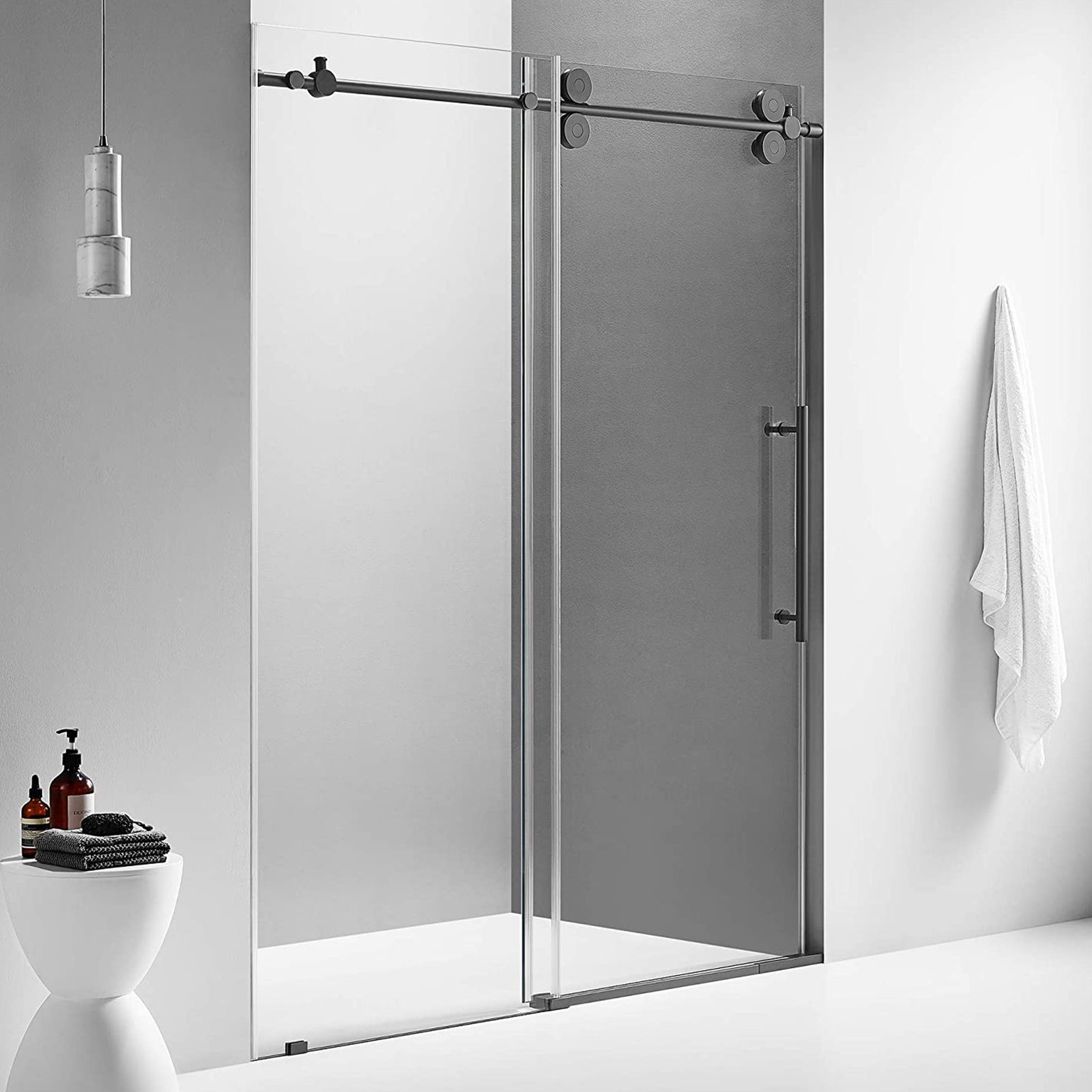 Serene Valley 52 x 74 Inch Big Roller Frameless Sliding Shower Door, Matte Black - VMInnovations