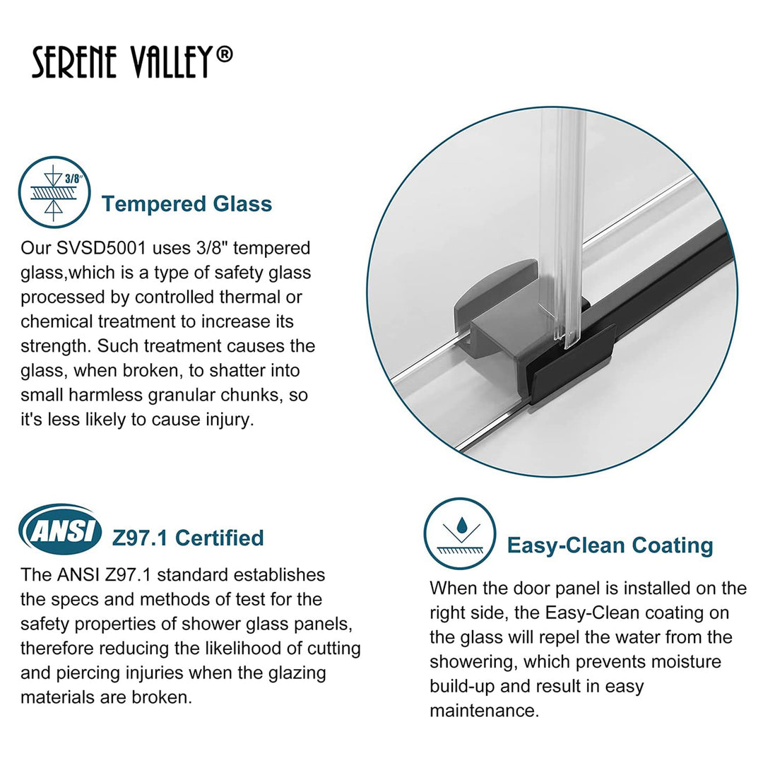 Serene Valley 52 x 74 Inch Big Roller Frameless Sliding Shower Door, Matte Black - VMInnovations