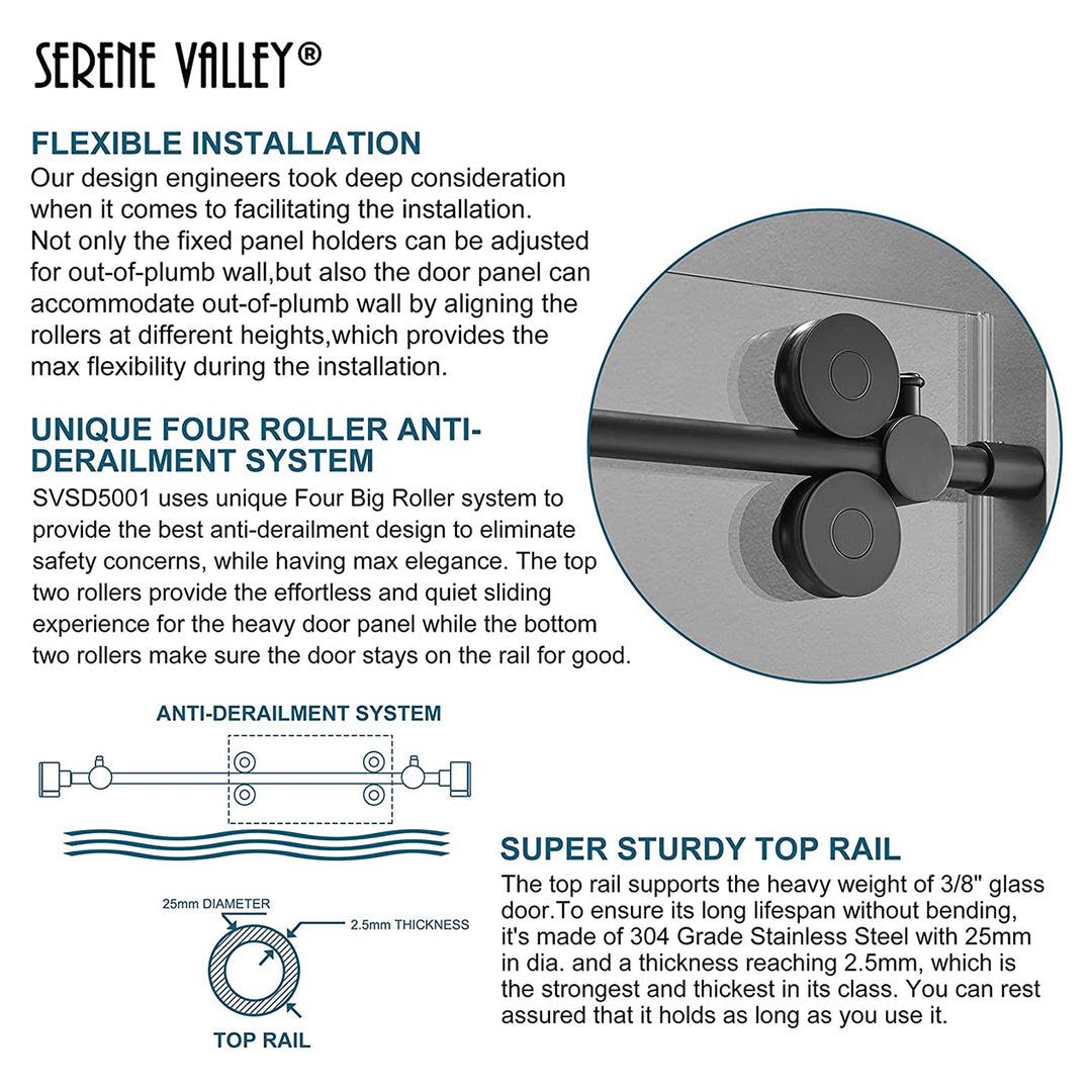 Serene Valley 52 x 74 Inch Big Roller Frameless Sliding Shower Door, Matte Black - VMInnovations