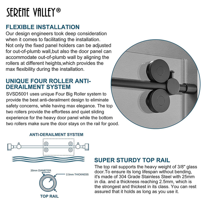 Serene Valley 52 x 74 Inch Big Roller Frameless Sliding Shower Door, Matte Black - VMInnovations