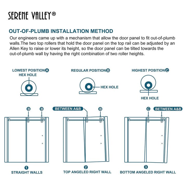 Serene Valley 52 x 74 Inch Big Roller Frameless Sliding Shower Door, Matte Black - VMInnovations
