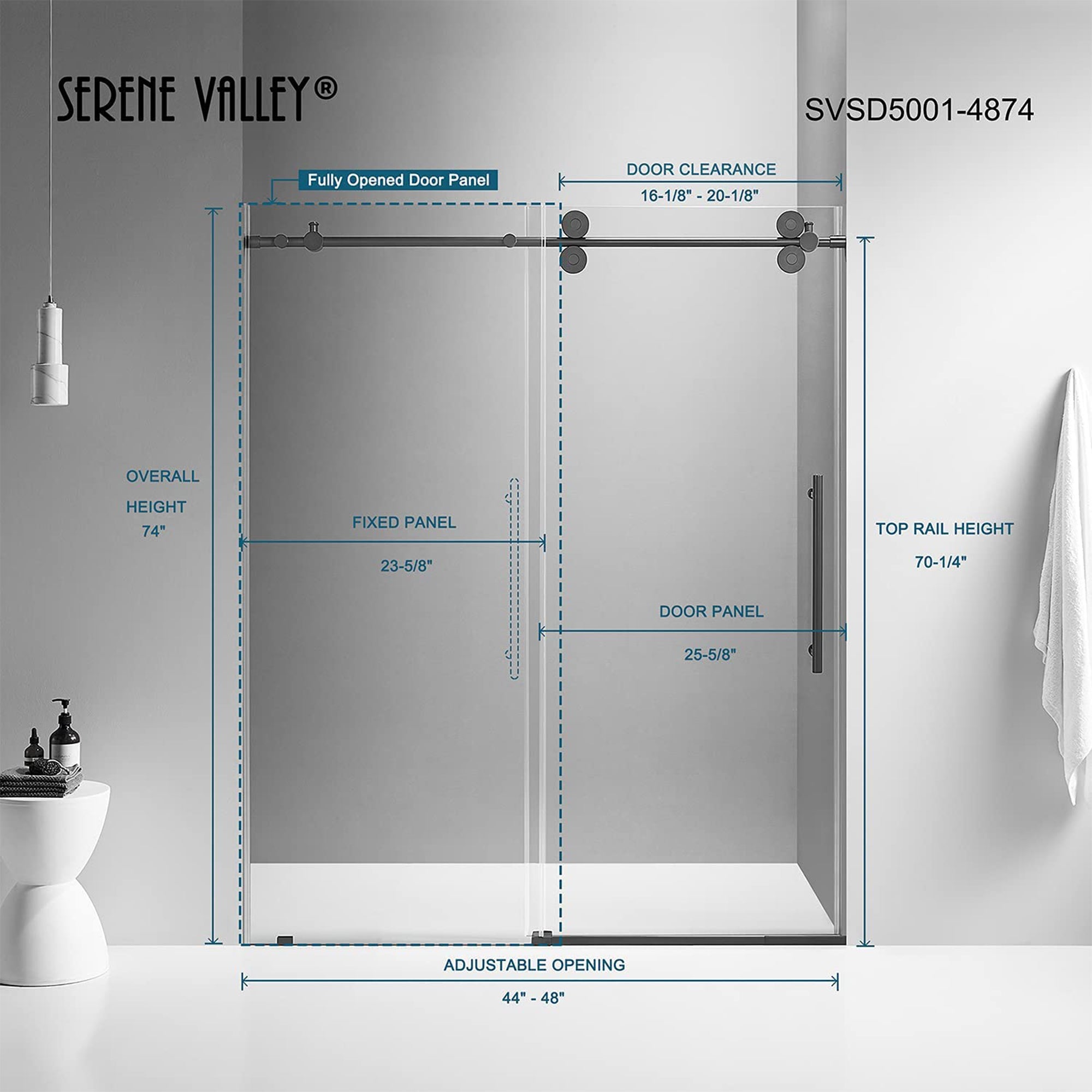 Serene Valley 52 x 74 Inch Big Roller Frameless Sliding Shower Door, Matte Black - VMInnovations