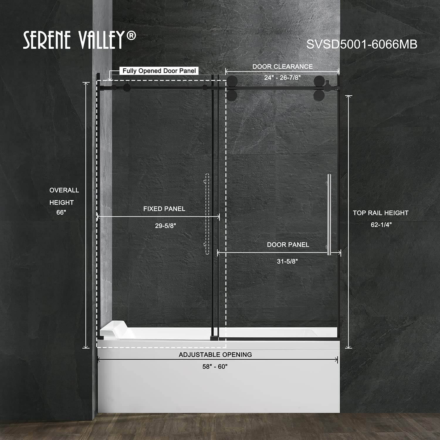 Serene Valley 60 x 66 Inch Big Roller Frameless Sliding Shower Door, Matte Black