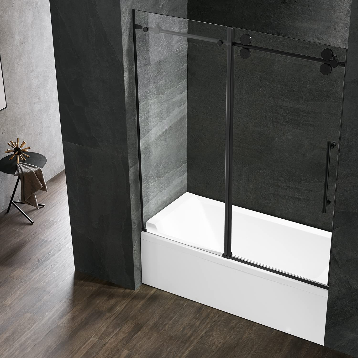Serene Valley 60 x 66 Inch Big Roller Frameless Sliding Shower Door, Matte Black