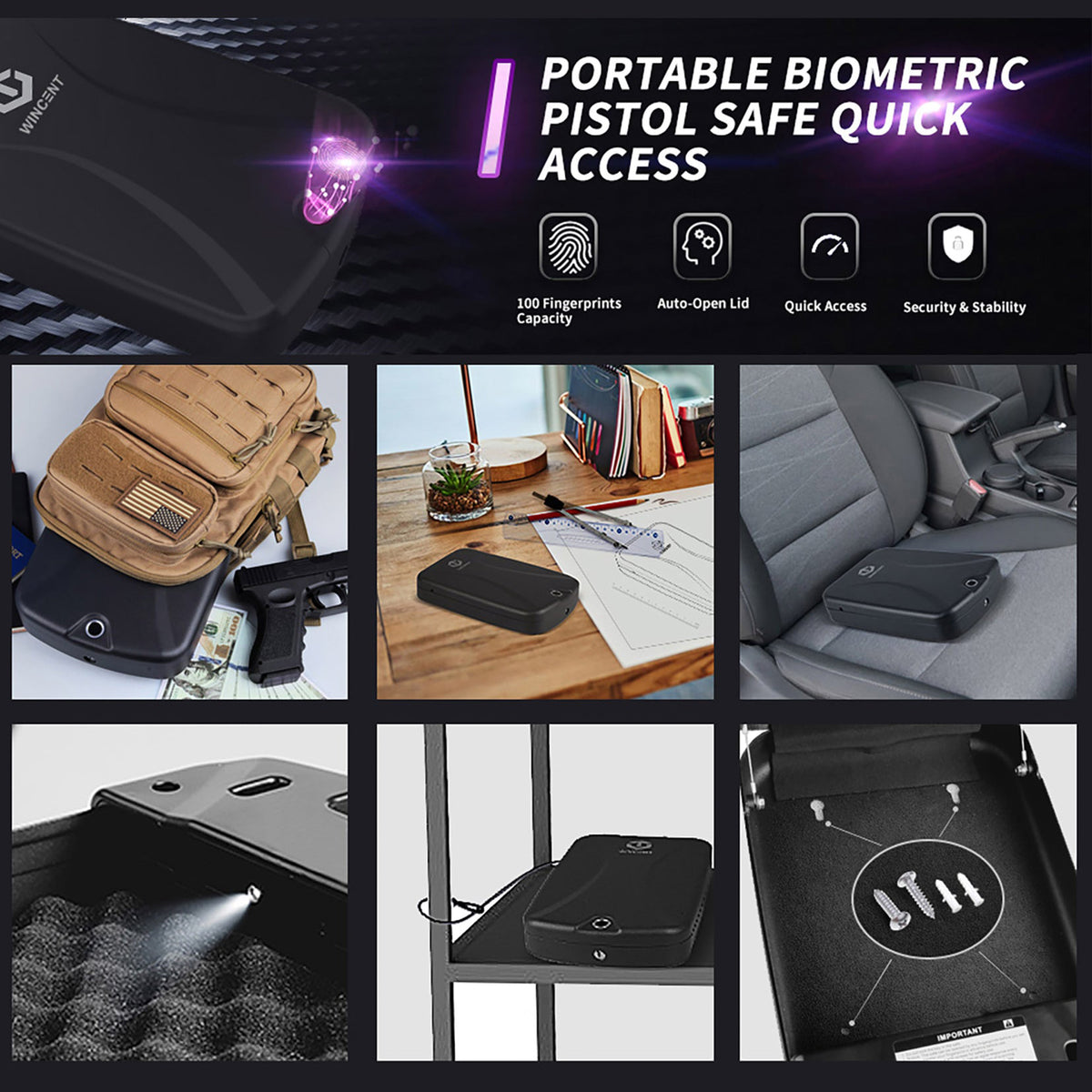 WINCENT Portable Gun Safe for Handguns with Fingerprint Scanner and LED Light - VMInnovations