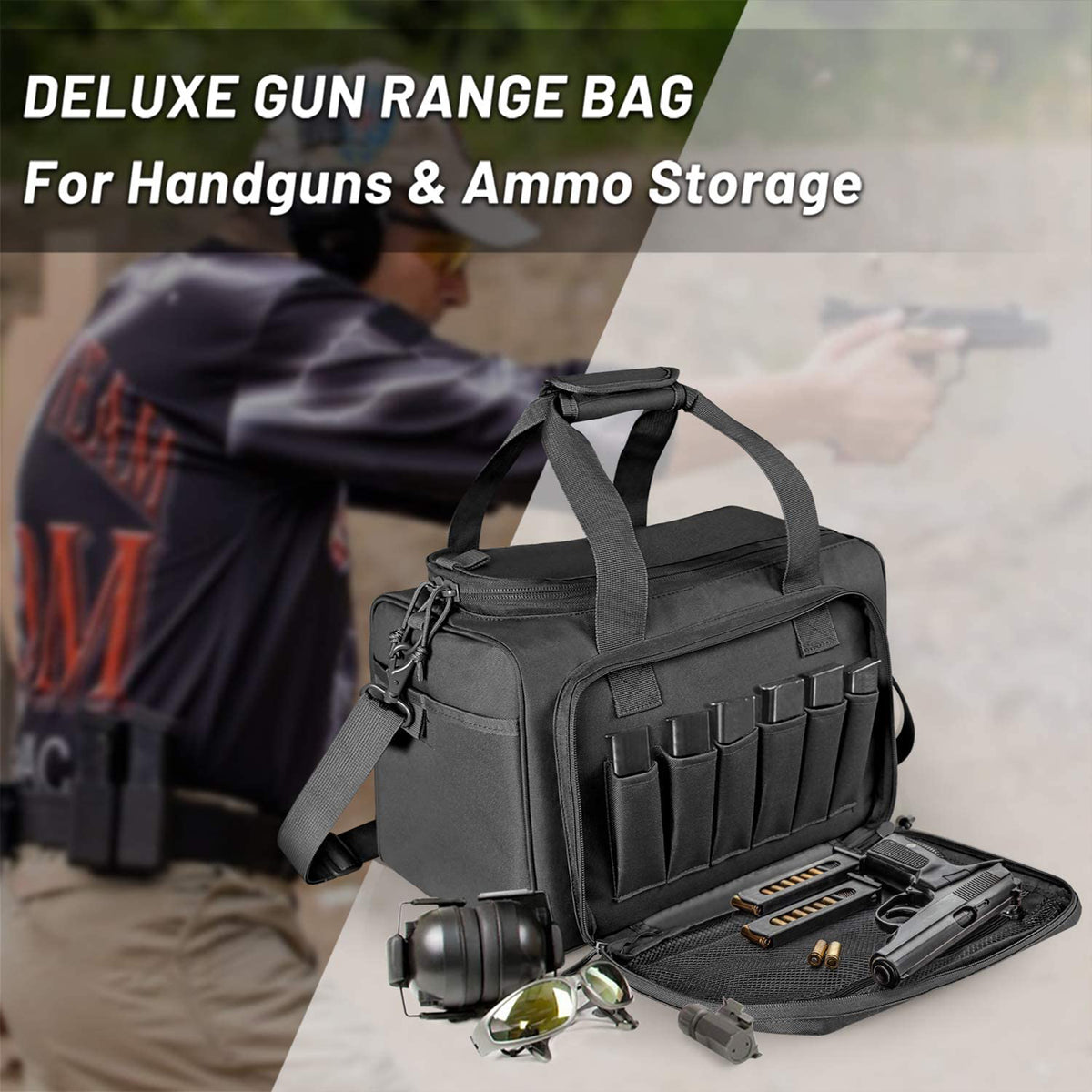 WINCENT Tactical Gun Range Bag with Magazine Slots for Handguns and Ammo, Black - VMInnovations