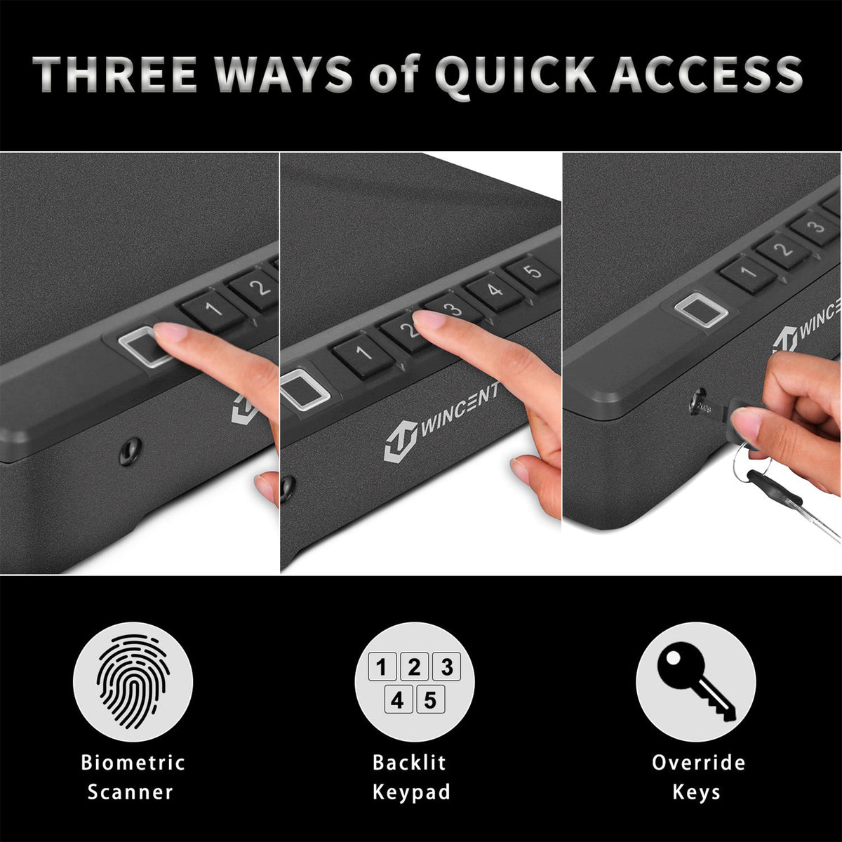 WINCENT P2BK Portable Gun Safe for Handguns with Fingerprint Scanner and LED Light - VMInnovations
