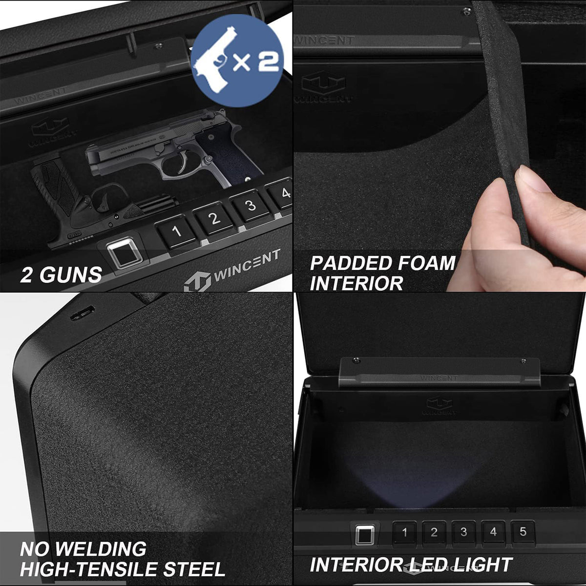 WINCENT P2BK Portable Gun Safe for Handguns with Fingerprint Scanner and LED Light - VMInnovations