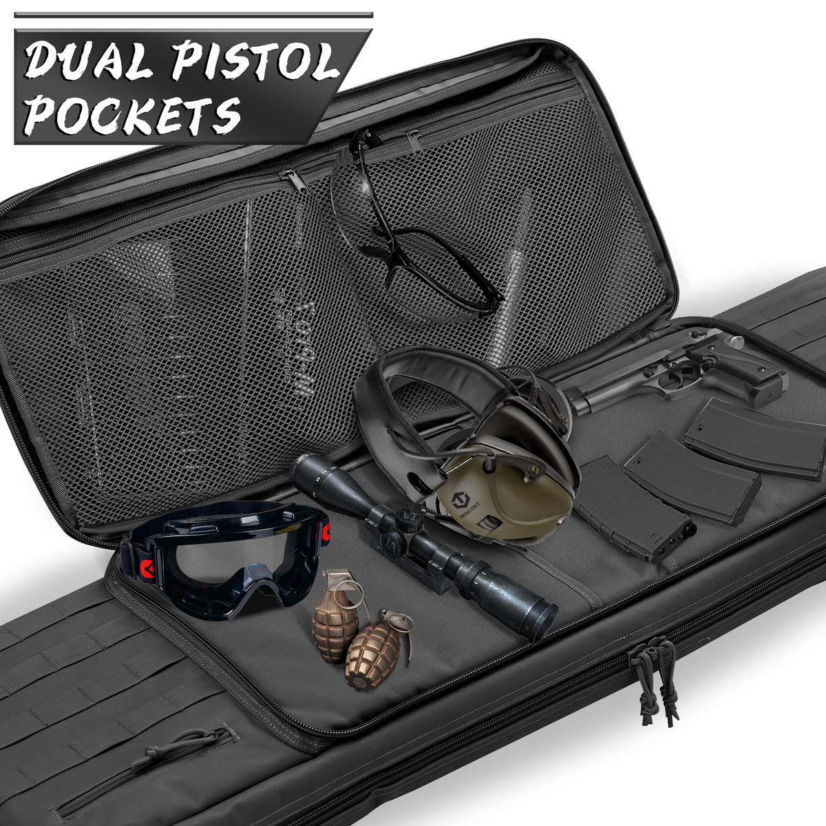 WINCENT 36 Inch Padded Tactical Double Long Rifle Bag w/ Exterior Pockets, Black - VMInnovations