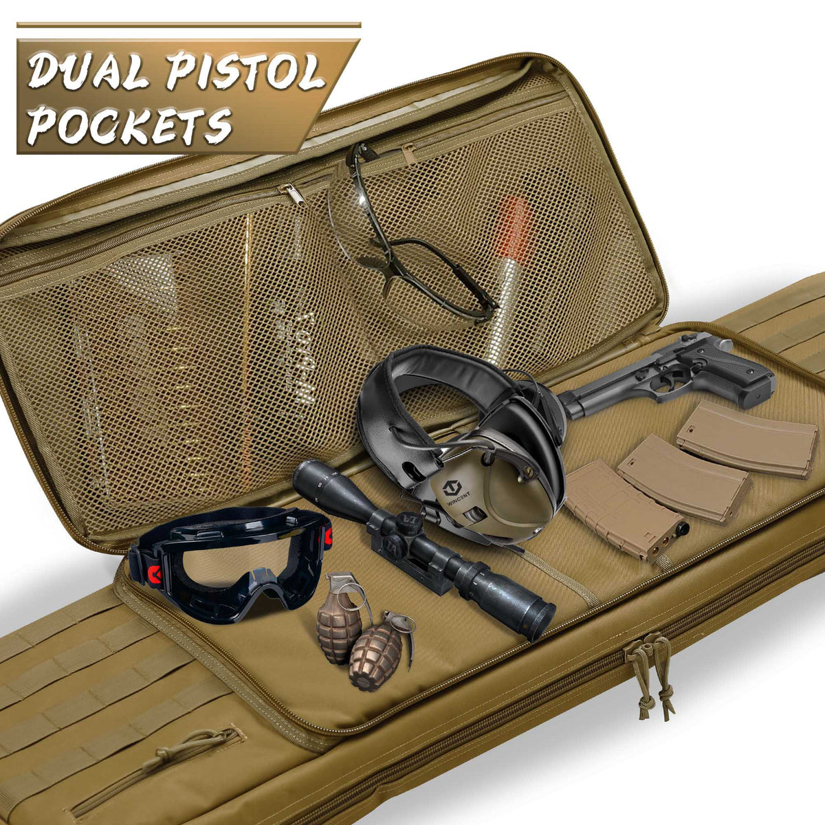 WINCENT 46 Inch Padded Tactical Double Long Rifle Bag w/ Exterior Pockets, Tan - VMInnovations