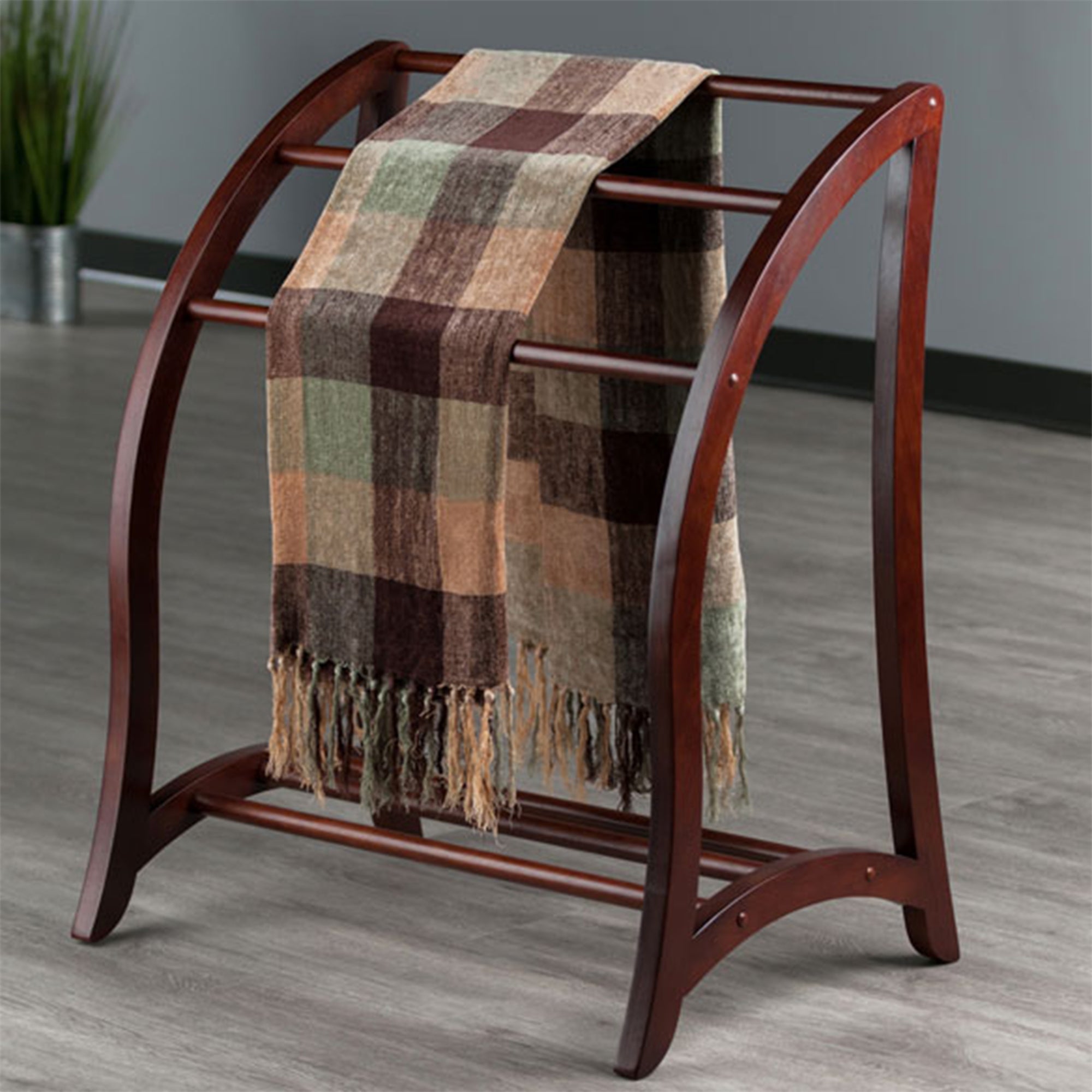 Winsome 36 Inch Tall Wooden Betsy 3 Rod Blanket Storage Organizer Rack, Walnut