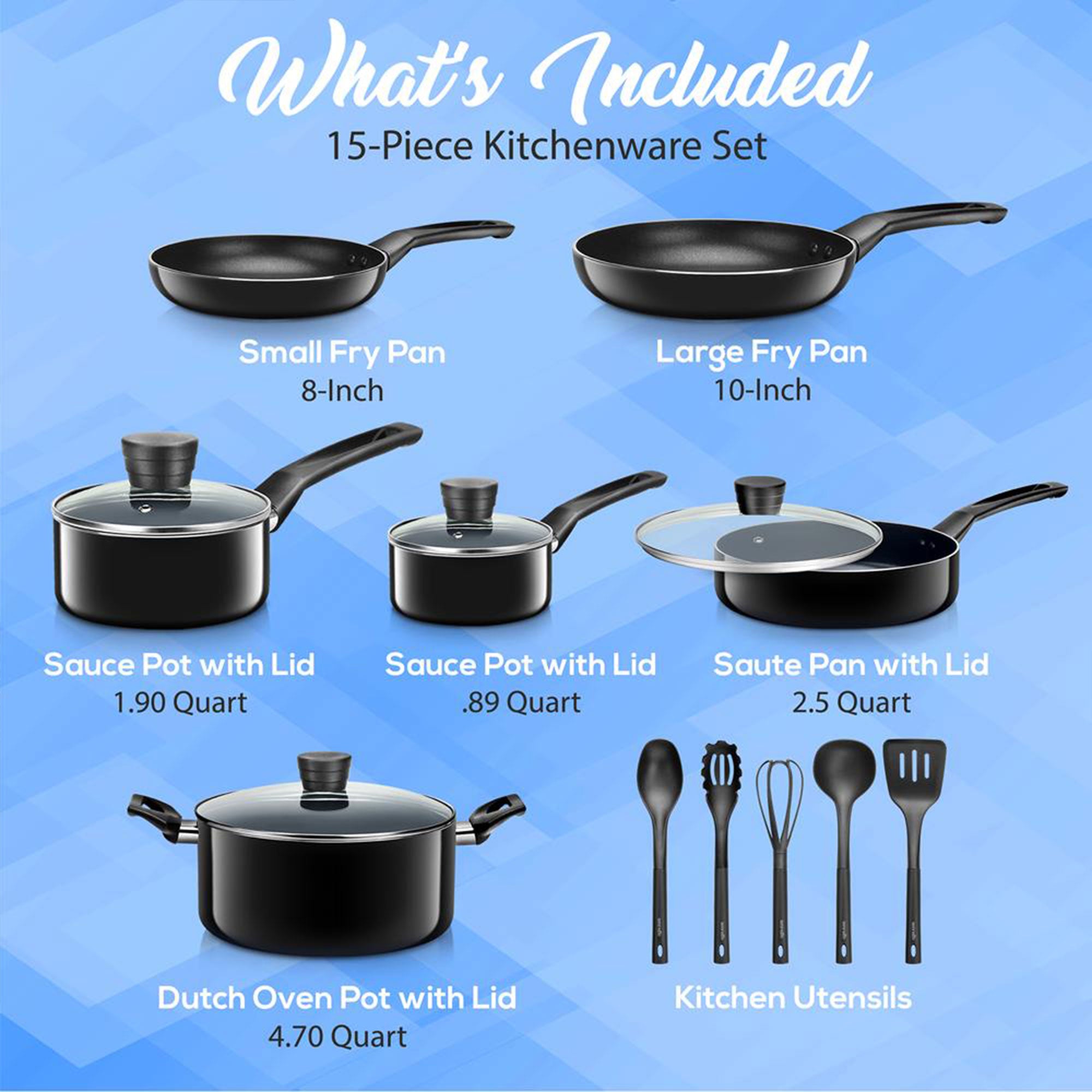 SereneLife 15 Piece Pots and Pans Non Stick Chef Kitchenware Cookware Set, Black - VMInnovations