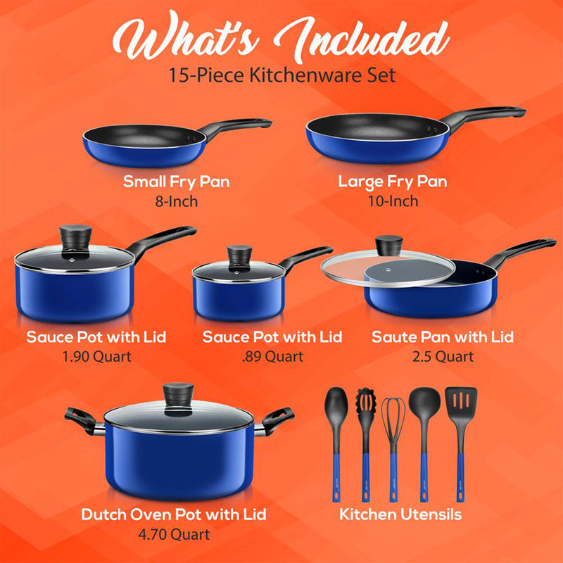 SereneLife 15 Piece Pots and Pans Non Stick Chef Kitchenware Cookware Set, Blue