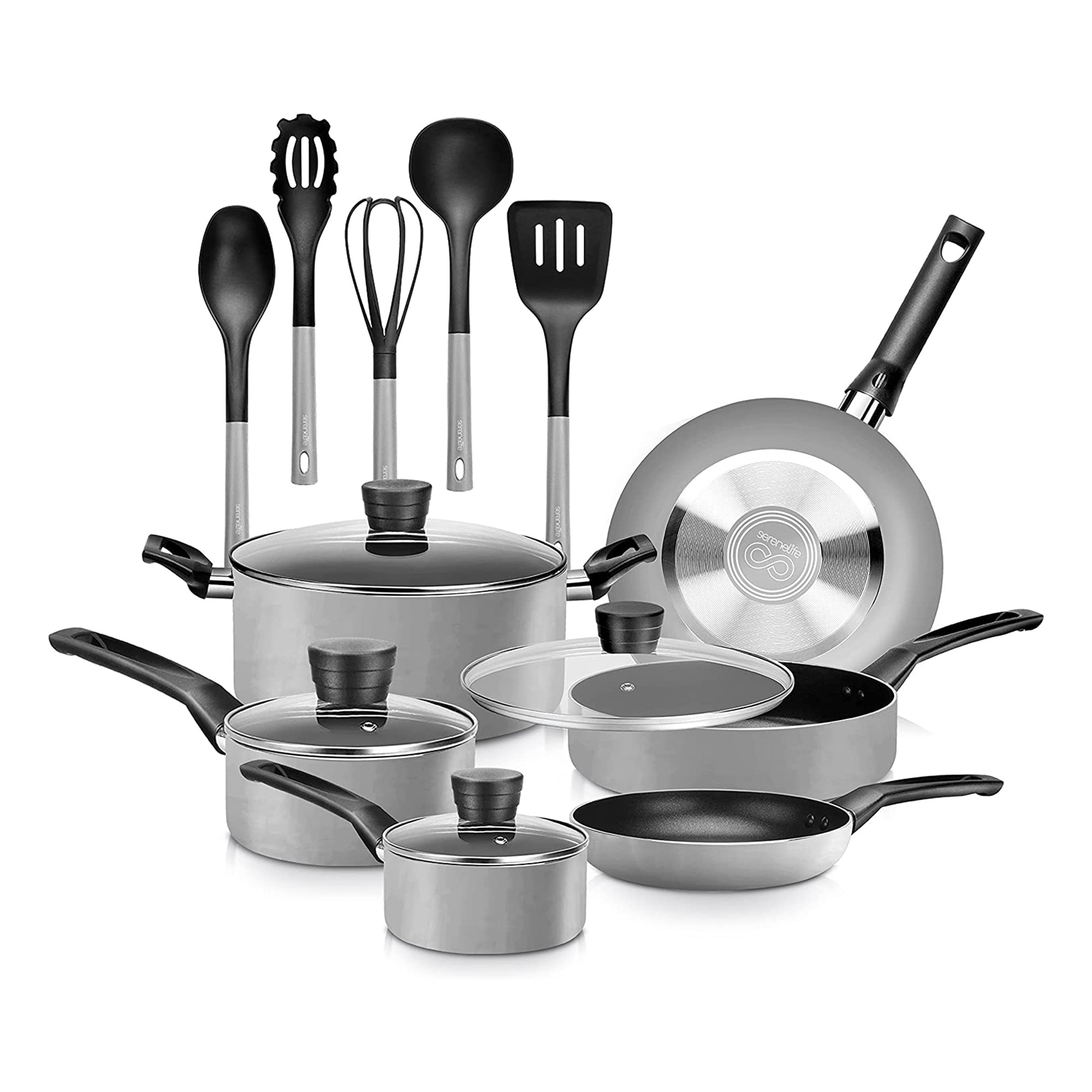 SereneLife 15 Pc Pots & Pans Home Non Stick Chef Kitchenware Cookware (Open Box)