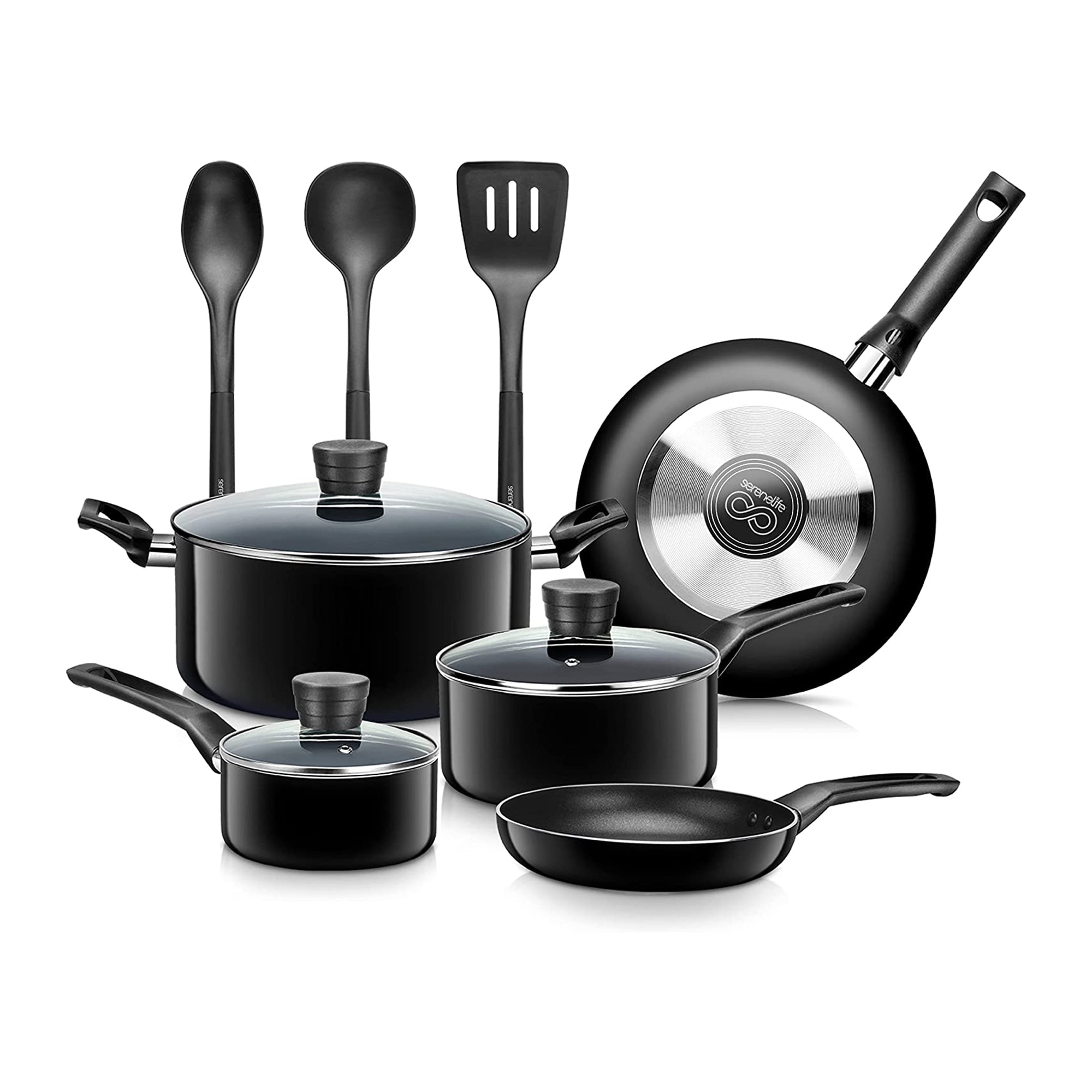 SereneLife Basic 11 Piece Non Stick Pots, Pans, and Utensil Set (Open Box) - VMInnovations