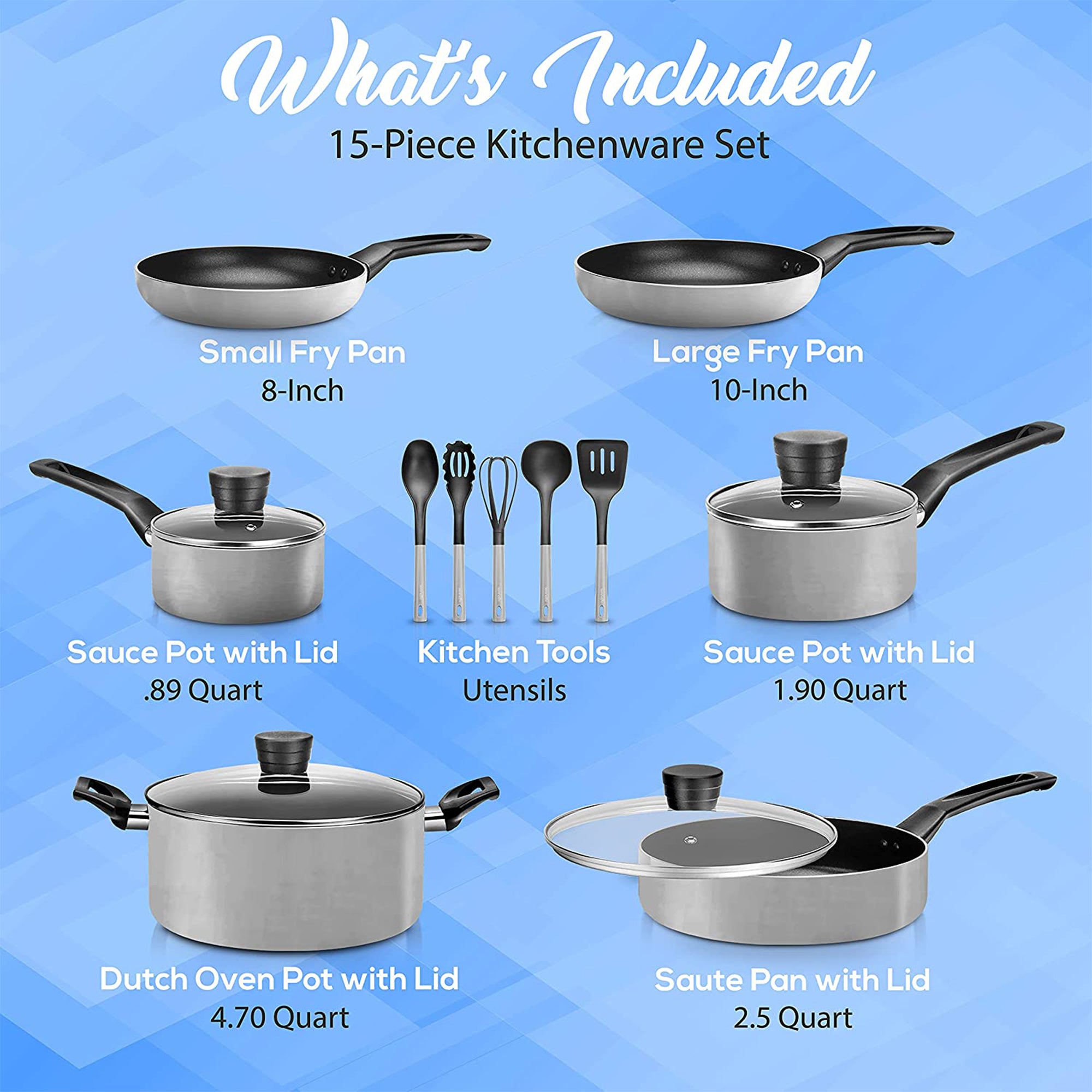 SereneLife 15 Pc Pots & Pans Home Non Stick Chef Kitchenware Cookware (Open Box)