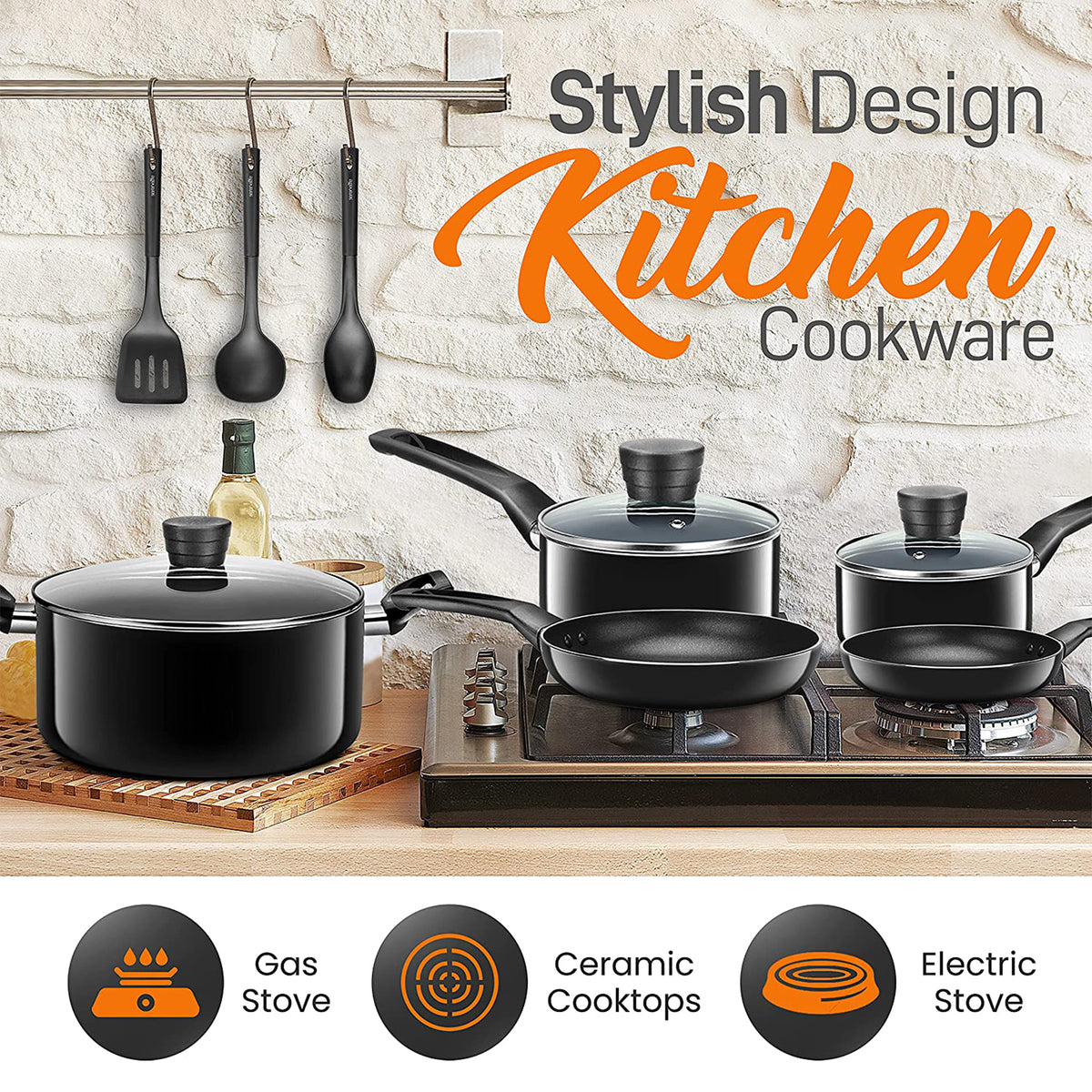 SereneLife Basic 11 Piece Non Stick Pots, Pans, and Utensil Set (Open Box) - VMInnovations