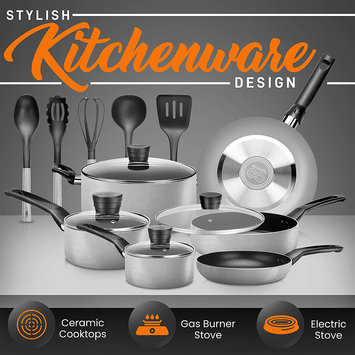 SereneLife 15 Pc Pots & Pans Home Non Stick Chef Kitchenware Cookware (Open Box)