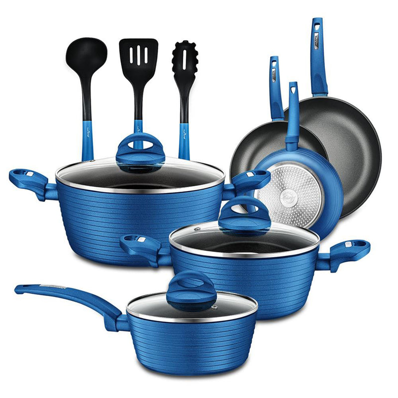 NutriChef Ridge Line Nonstick Kitchen Cookware Pots and Pan, 12 Piece Set, Blue
