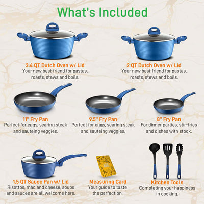 NutriChef Ridge Line Nonstick Kitchen Cookware Pots and Pan, 12 Piece Set, Blue