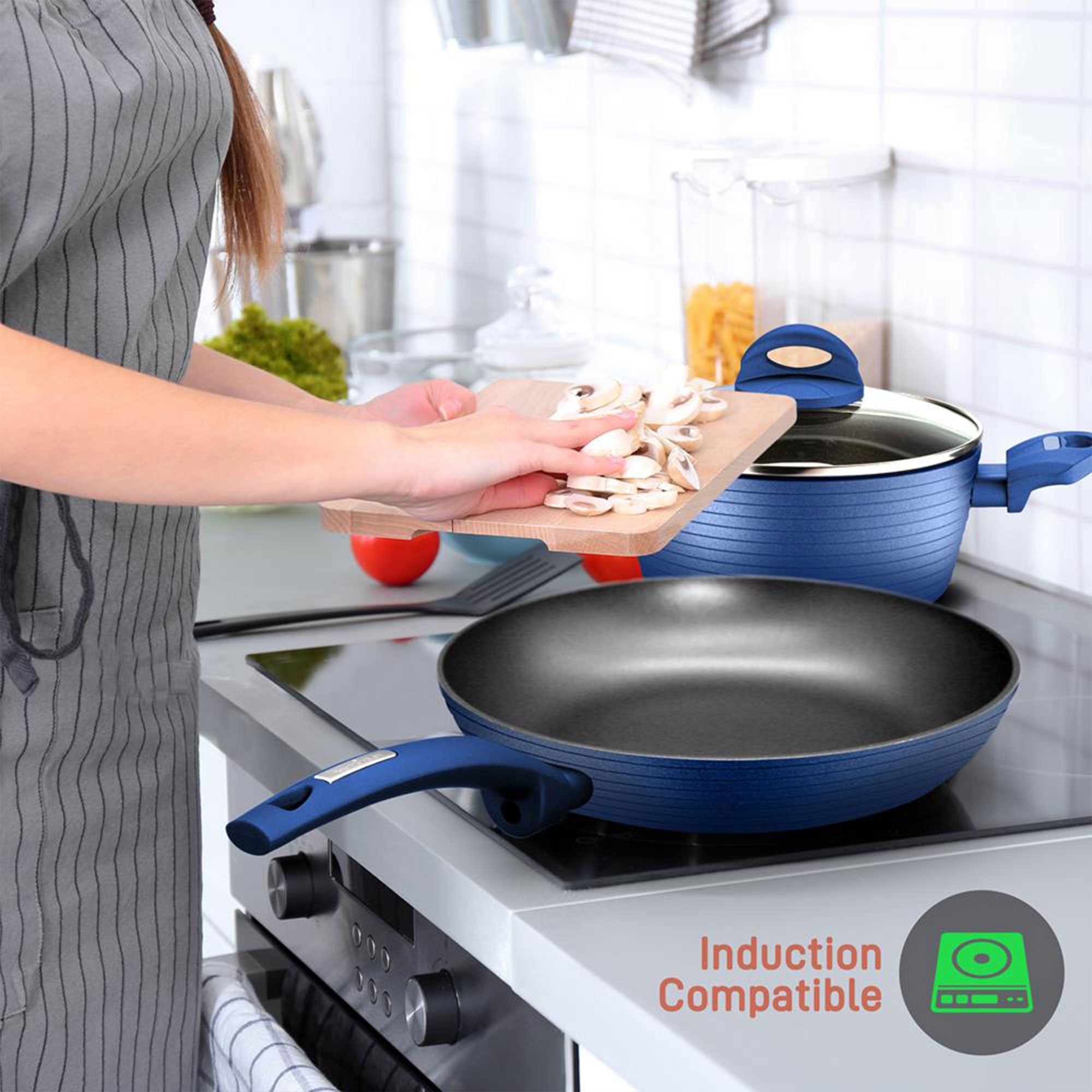 NutriChef Ridge Line Nonstick Cookware Pots Pan, 12Pc Set, Blue (Open Box) - VMInnovations