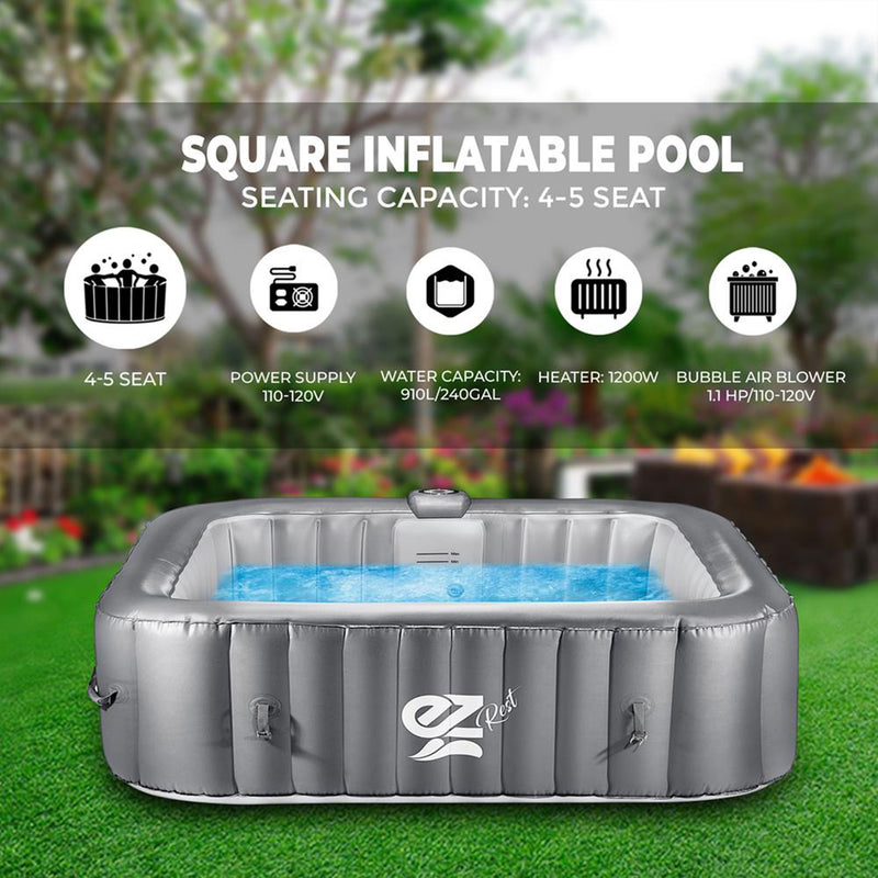 SereneLife Outdoor Portable 6 Person Inflatable Square Hot Tub with Bubble Jets