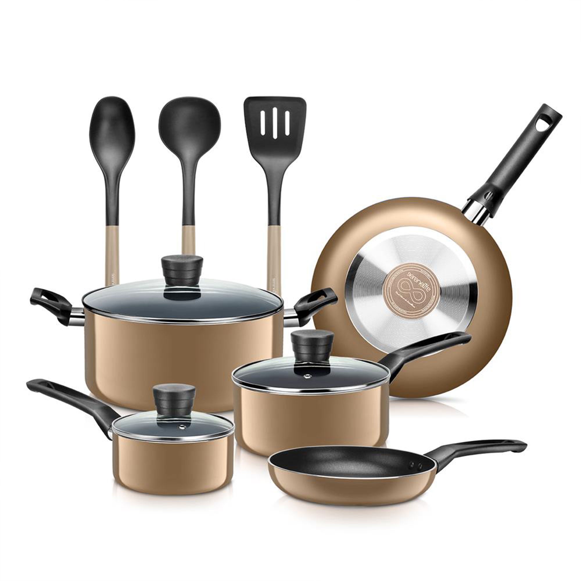 SereneLife 11 Piece Pots and Pans Non Stick Chef Kitchenware Cookware Set, Gold - VMInnovations