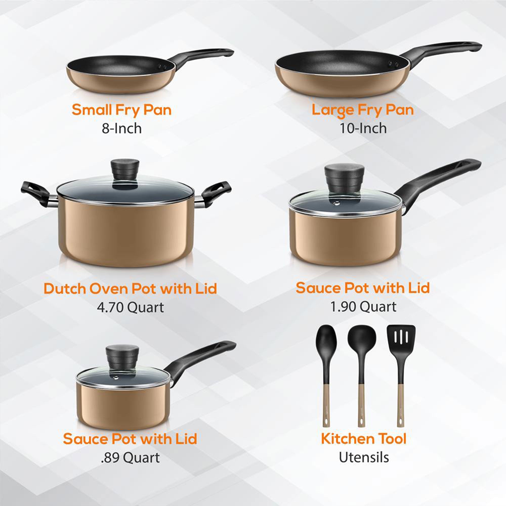 SereneLife 11 Piece Pots and Pans Non Stick Chef Kitchenware Cookware Set, Gold - VMInnovations