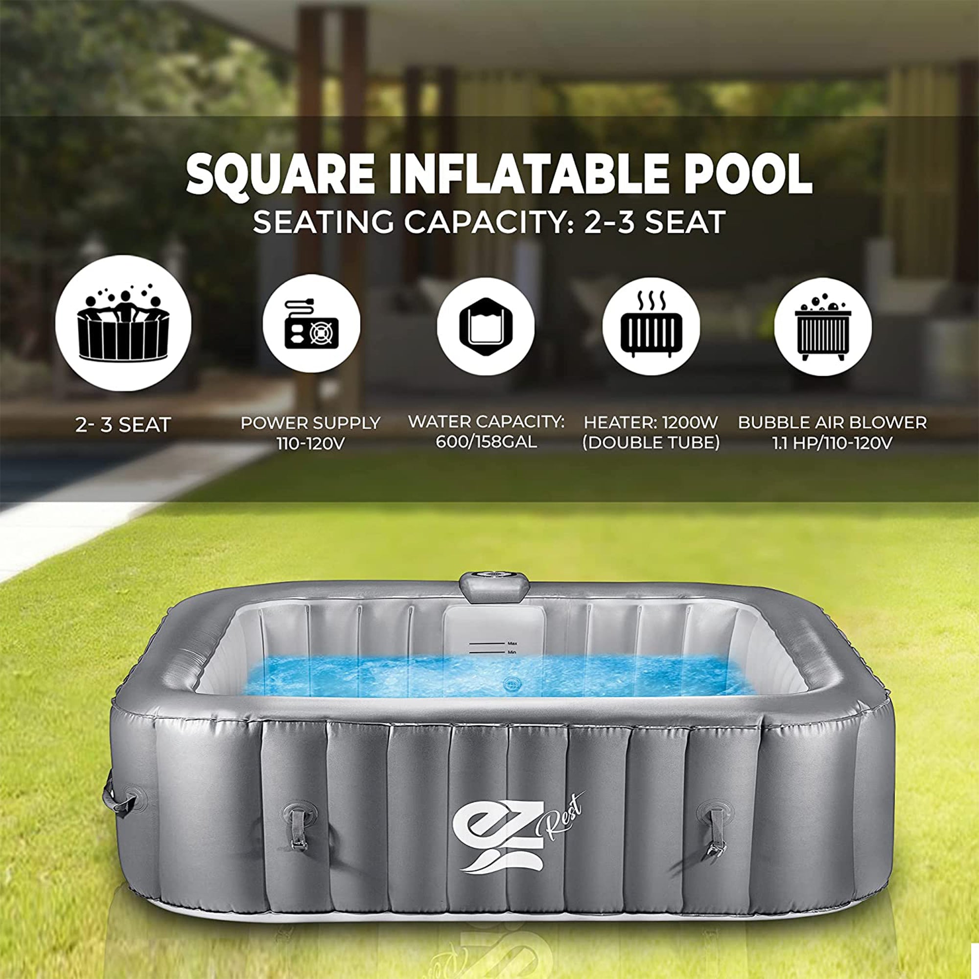 SereneLife Outdoor Portable 4 Person Inflatable Square Hot Tub with Bubble Jets - VMInnovations