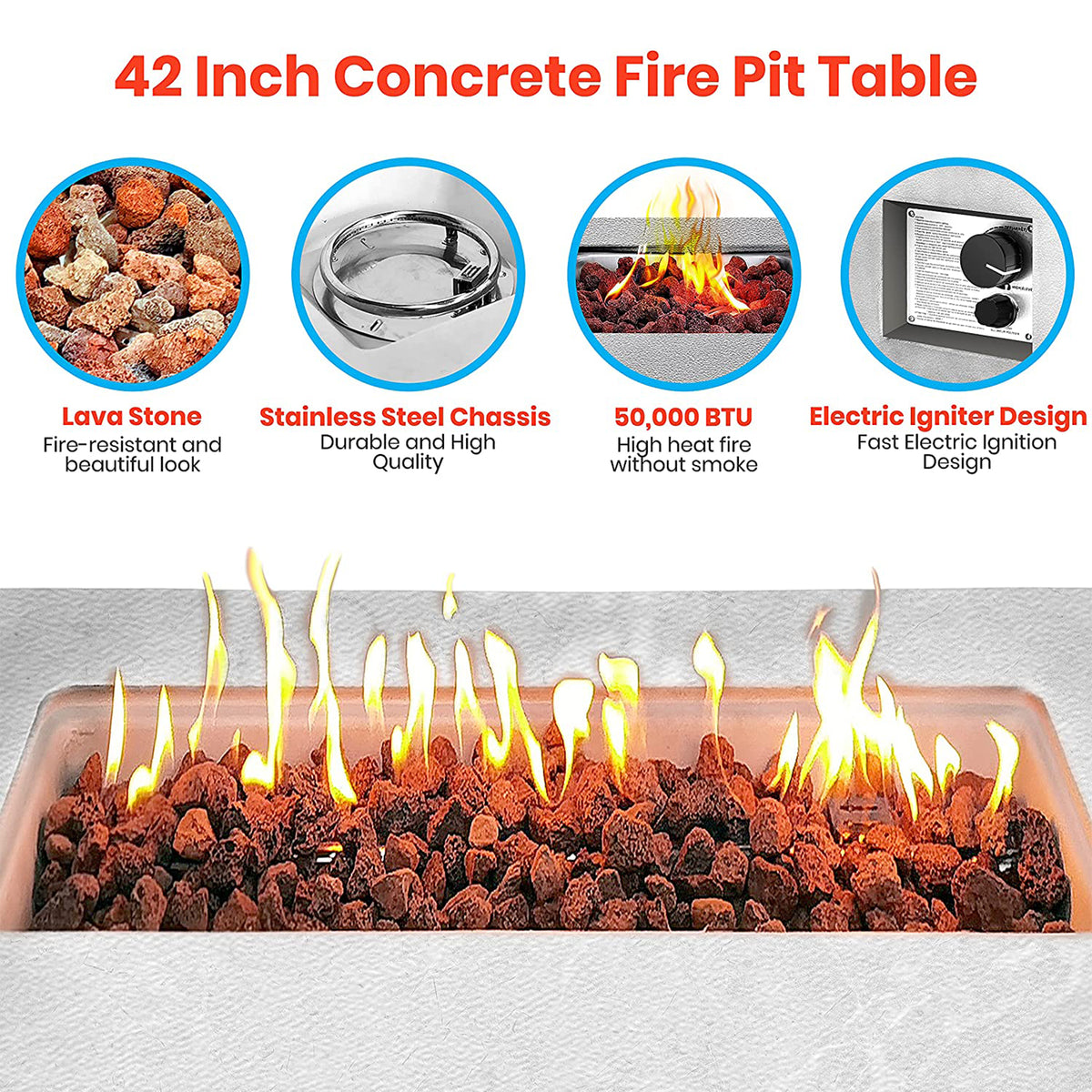 SereneLife Concrete Outdoor 50,000 BTU Propane Gas Ignition Patio Fire Pit Table