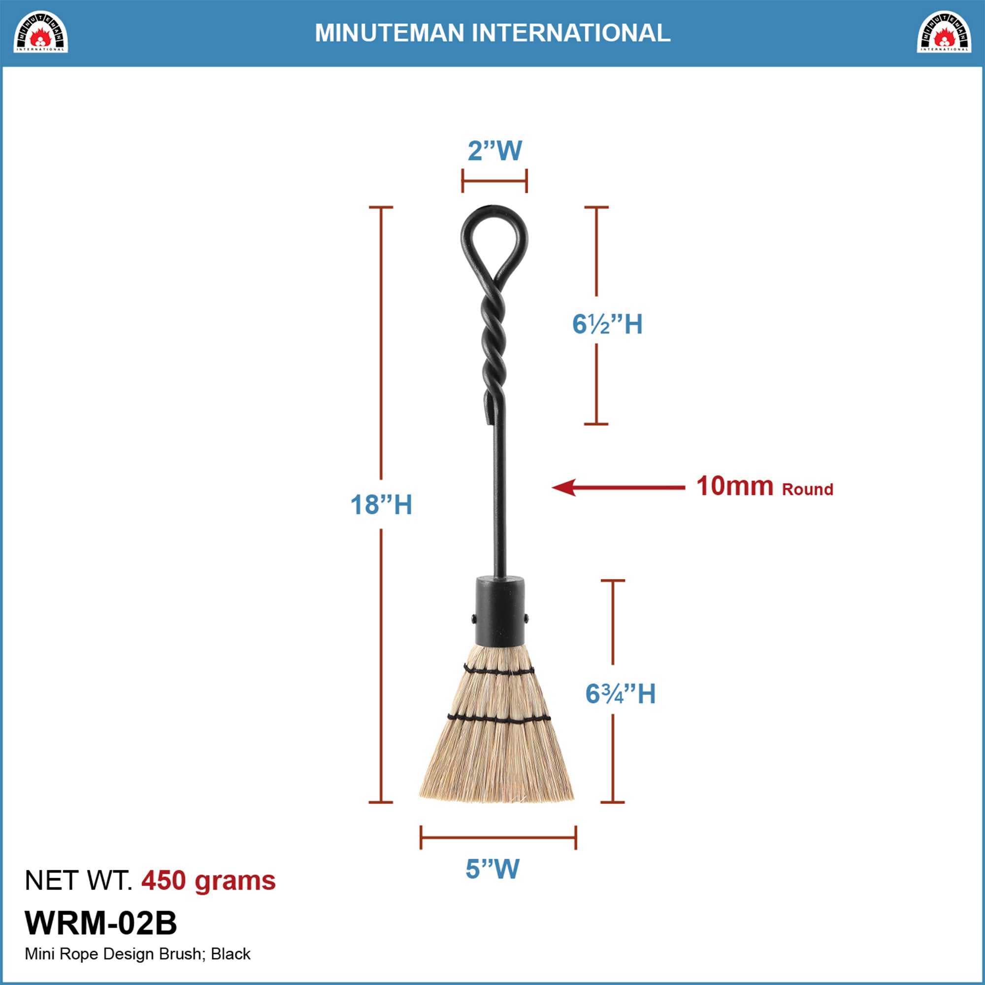 Minuteman International Rope Handle Cast Iron Fireplace Mini Brush, 18 In, Black