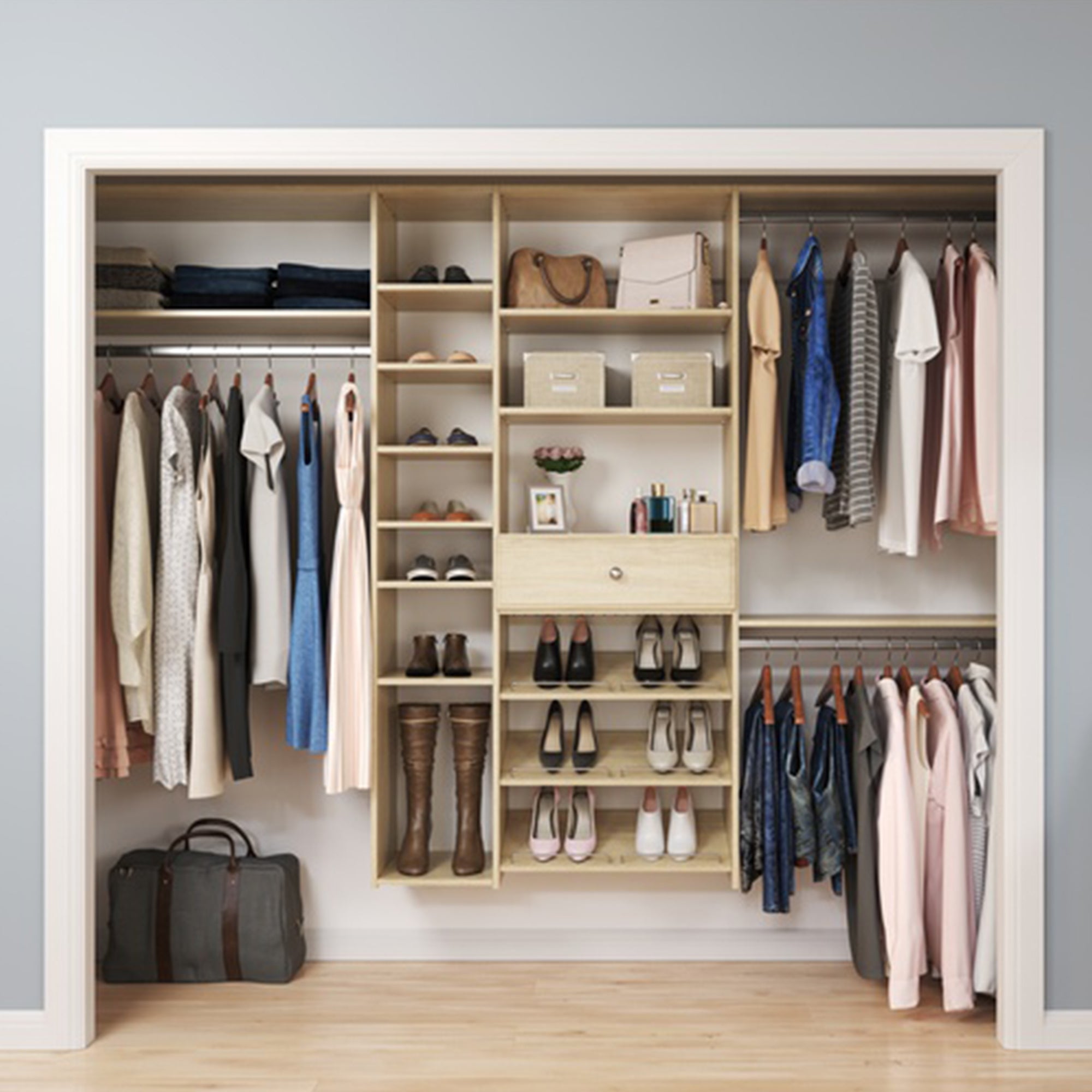 Easy Track Shoe Storage Closet Shelf and Drawer Organizer System, Honey Blonde