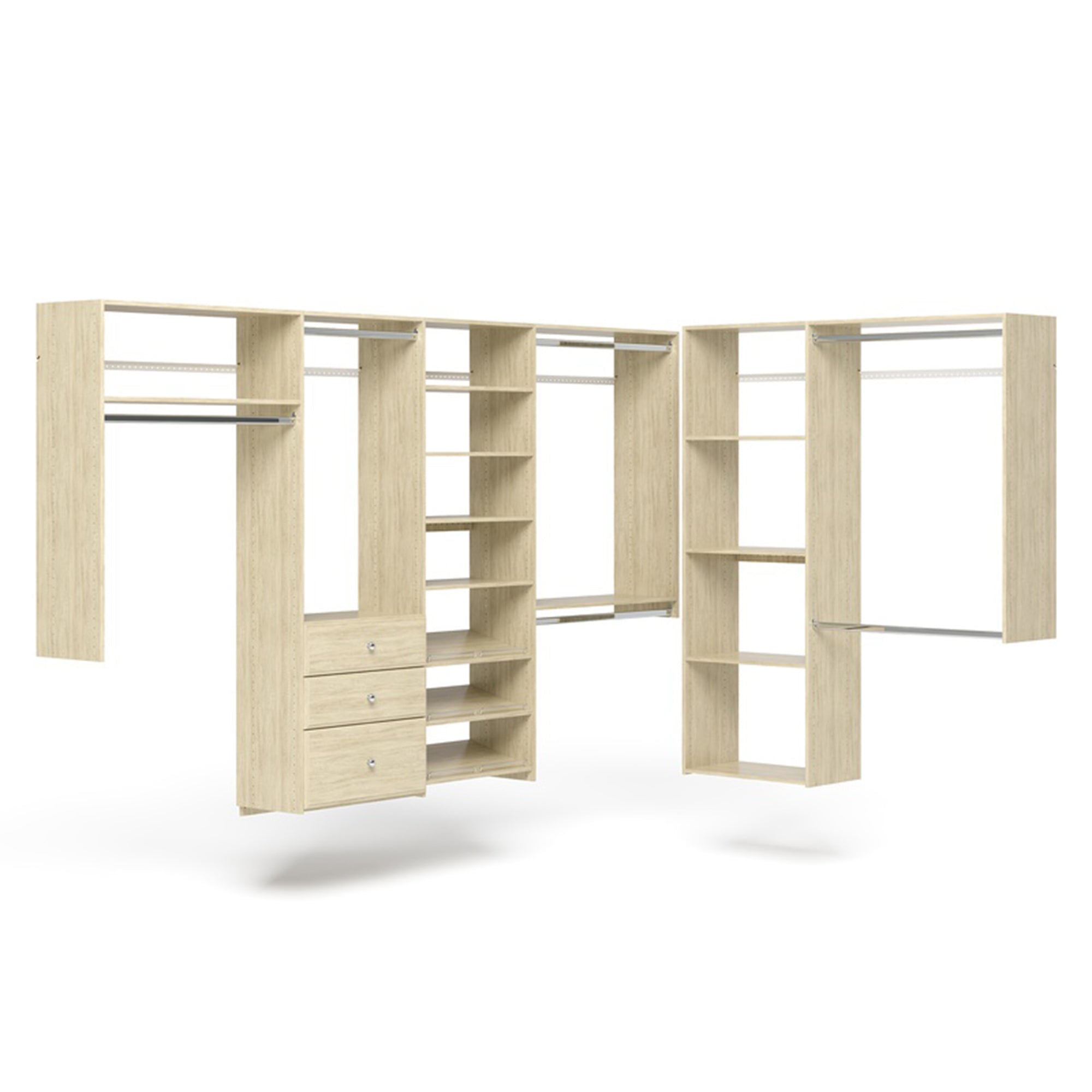 Easy Track L Shaped Walk In Closet Organizer w/ Shelves & Drawers, Honey Blonde - VMInnovations