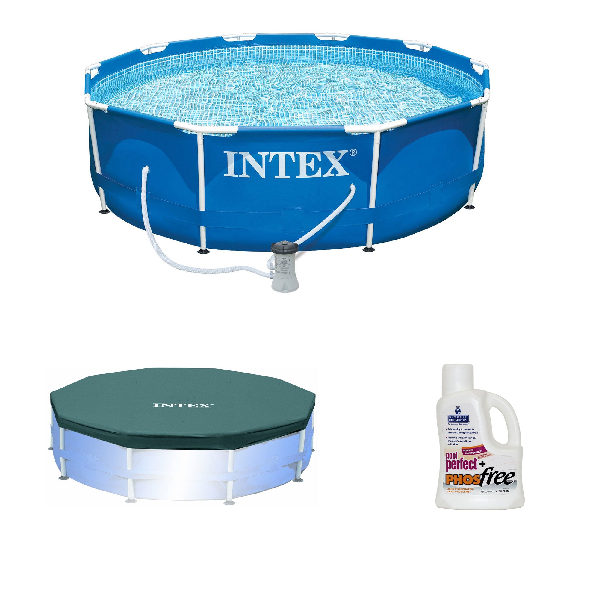 Intex Above Ground 10ft x 30in Swimming Pool w/ Intex Cover & Phosphate Remover