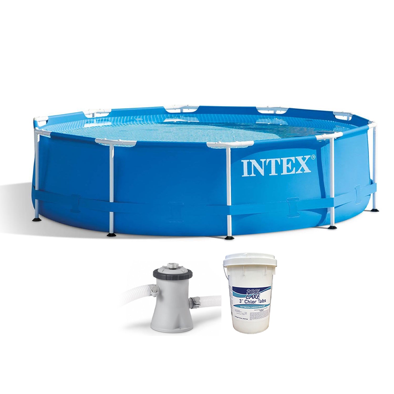 Intex 28201EH 10' x 30" Metal Frame Swimming Pool with Pump & 3in Chlorine Tabs - VMInnovations