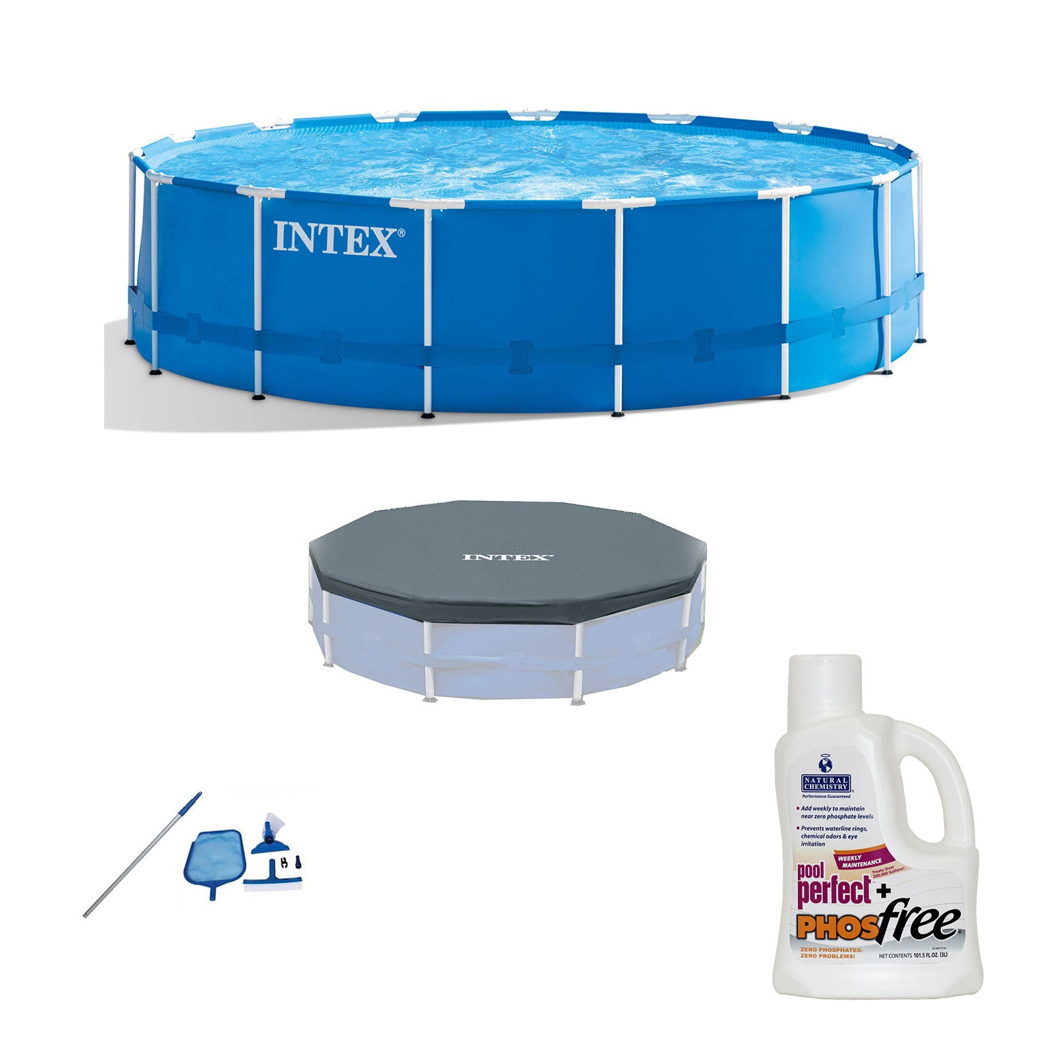 Intex 12' x 2.5' Pool + Pool Cover + Cleaning Kit + Pool Perfect Plus PHOSfree