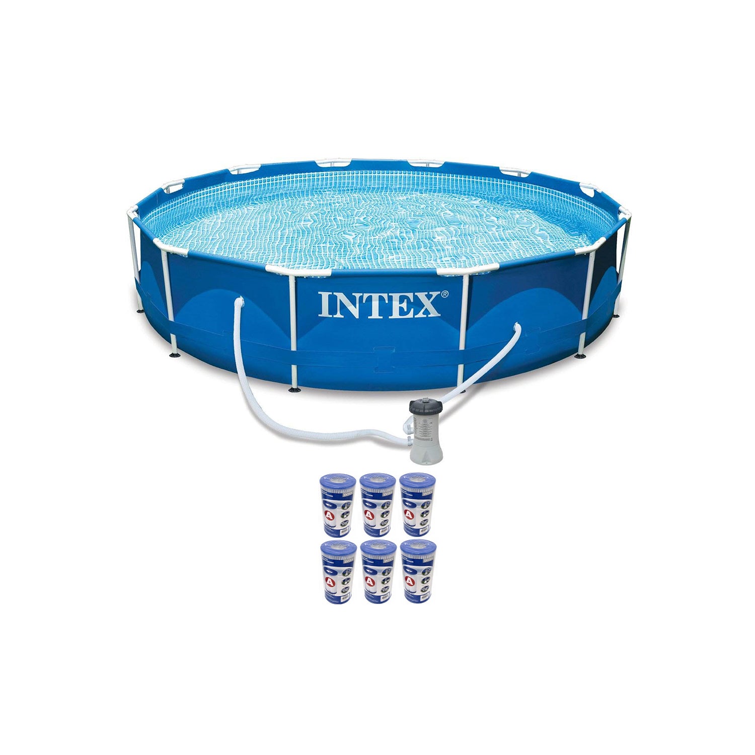 Intex 12ft x 30in Metal Frame Round Swimming Pool Set 530 GPH Pump & 6 A Filters - VMInnovations