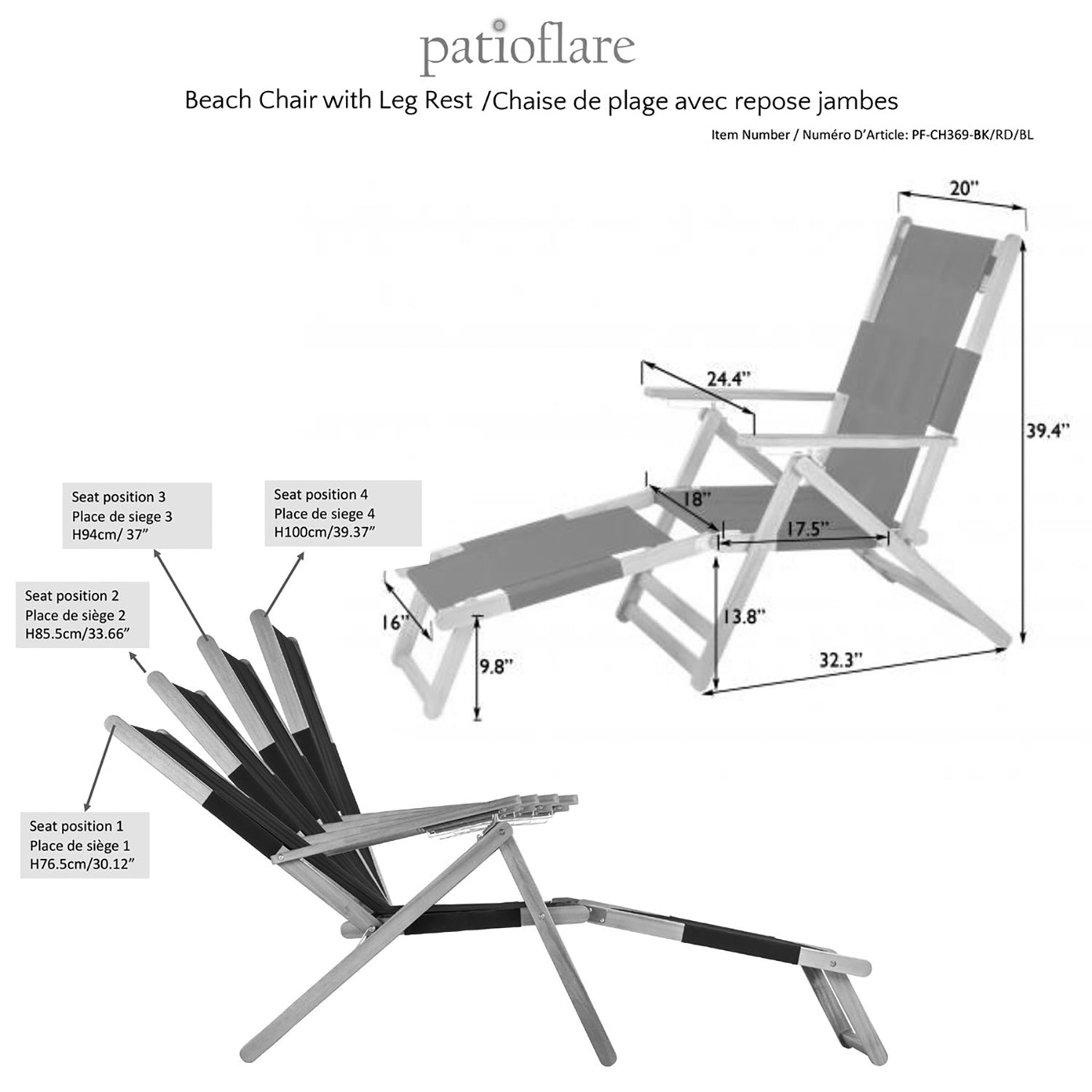 Patioflare Portable Outdoor All Weather Acacia Lounge Chair with Leg Rest, Red