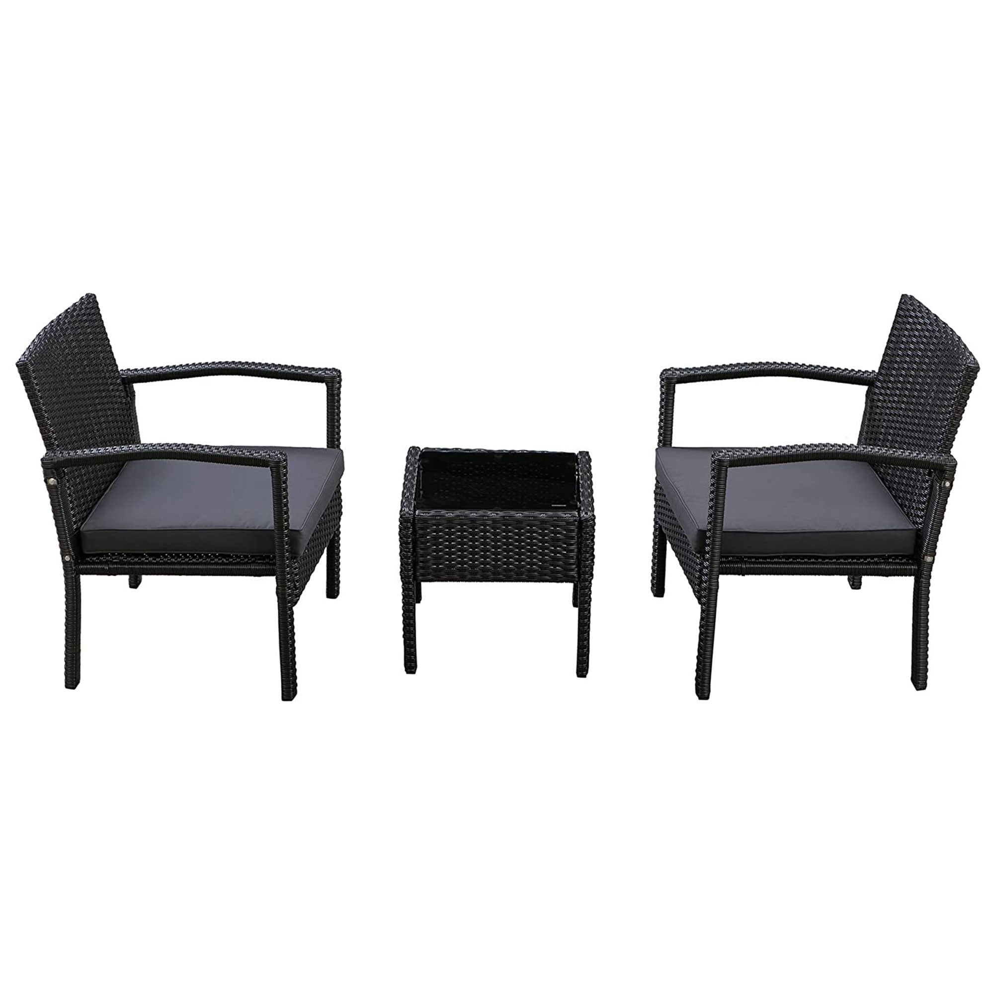 Patioflare Melody 3 Piece Black Wicker Outdoor Patio Chat Set with Gray Cushions