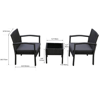 Patioflare Melody 3 Piece Black Wicker Outdoor Patio Chat Set with Gray Cushions