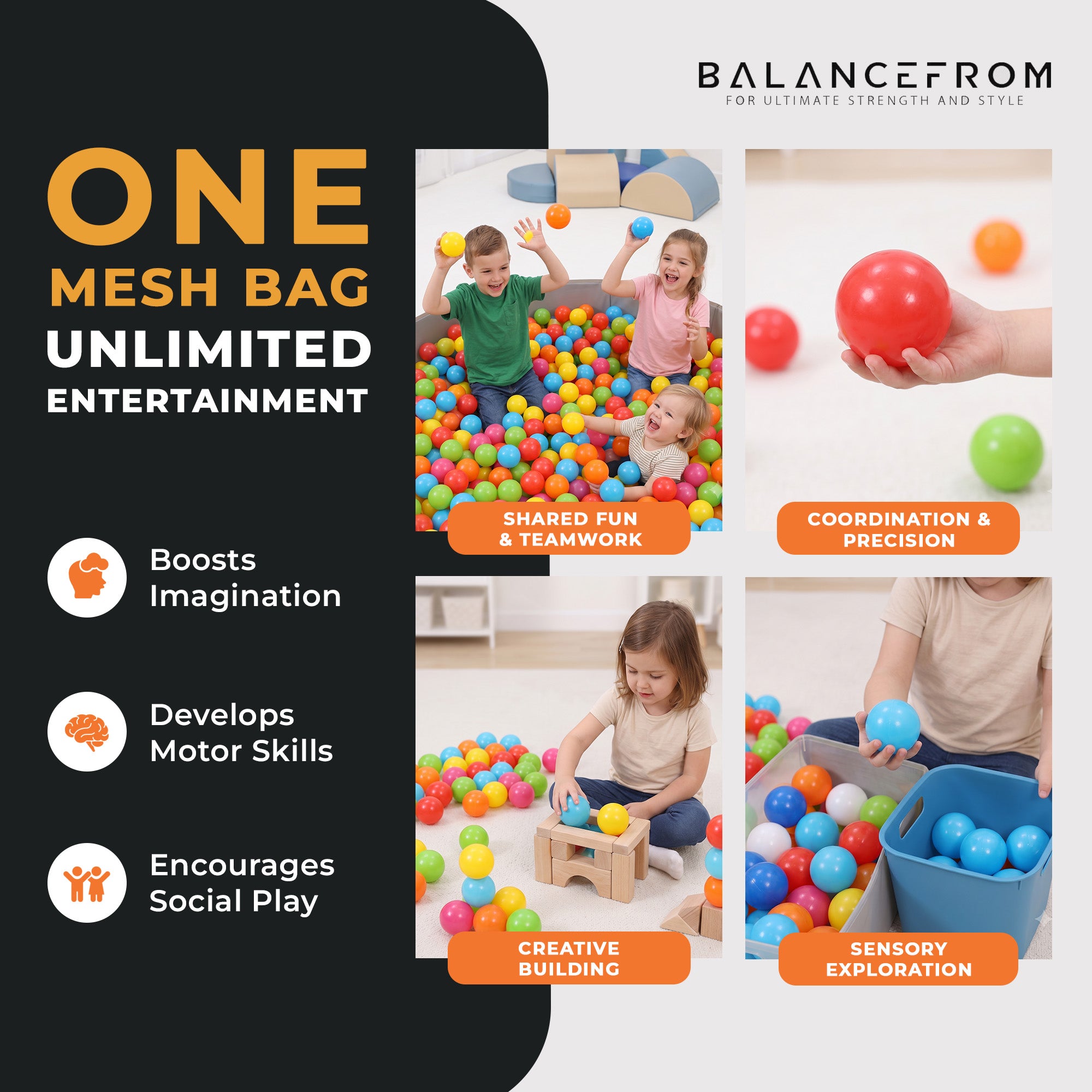 BalanceFrom Fitness 2.3 In Crush Proof Play Pit Balls w/ Storage Bag, Multicolor
