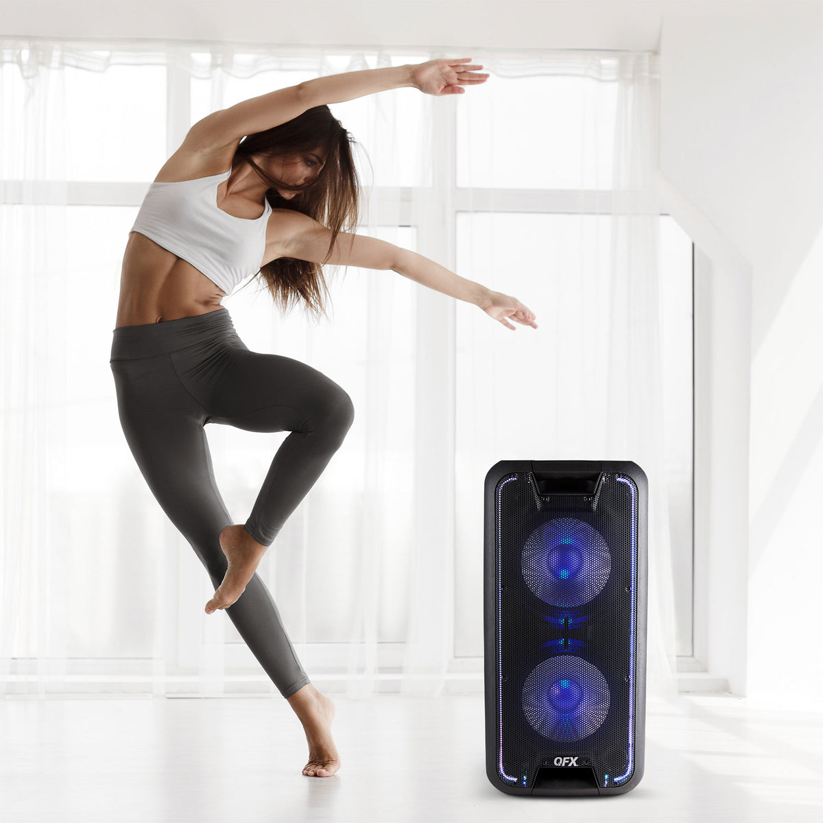 QFX PBX-100 Bluetooth Dual 10 Inch Rechargeable Woofer Speaker with LED Lights