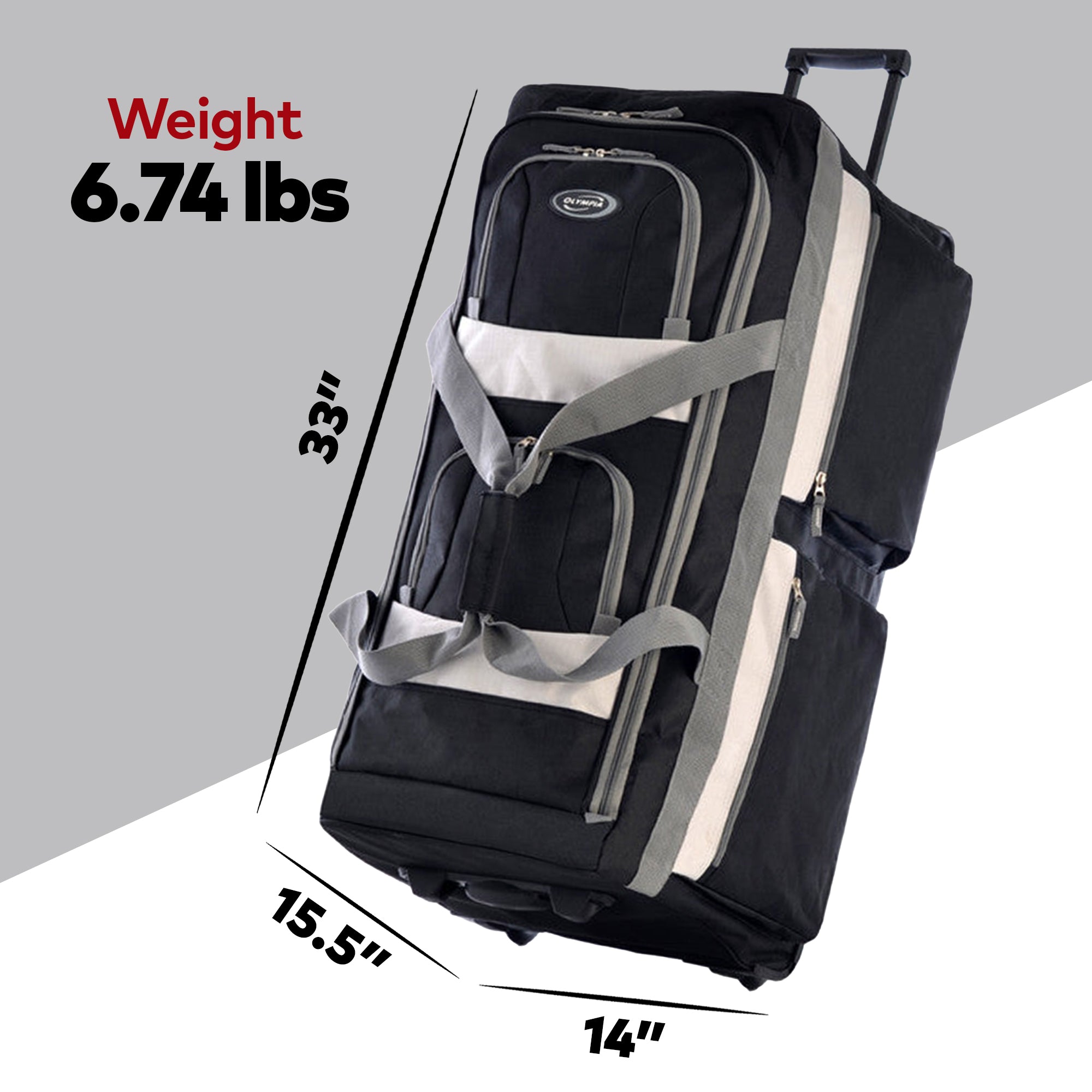 33 Inch 8 Pocket U Shape Rolling Duffel Bag w/ Retractable Handle, Black (Used) - VMInnovations