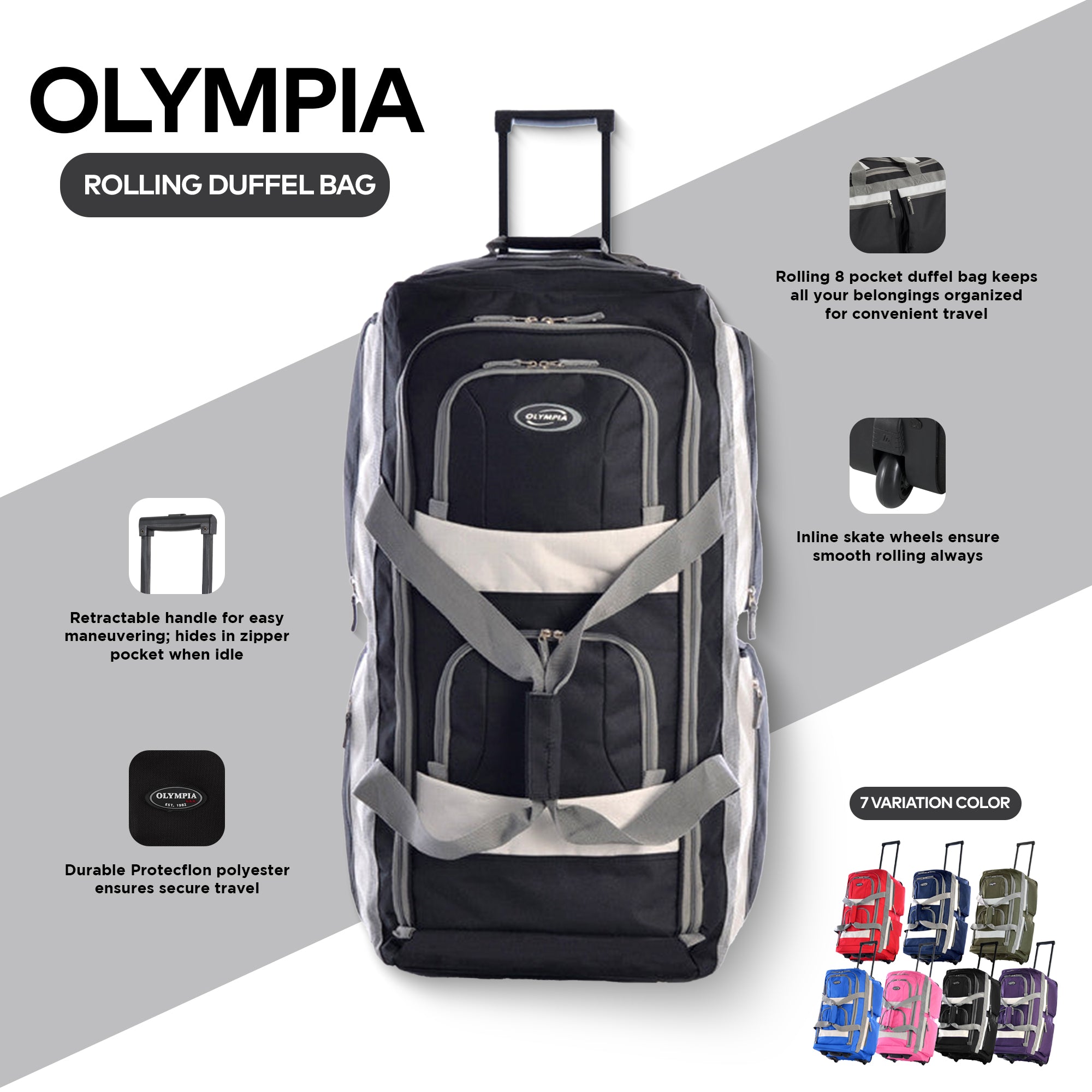 33 Inch 8 Pocket U Shape Rolling Duffel Bag w/ Retractable Handle, Black (Used) - VMInnovations