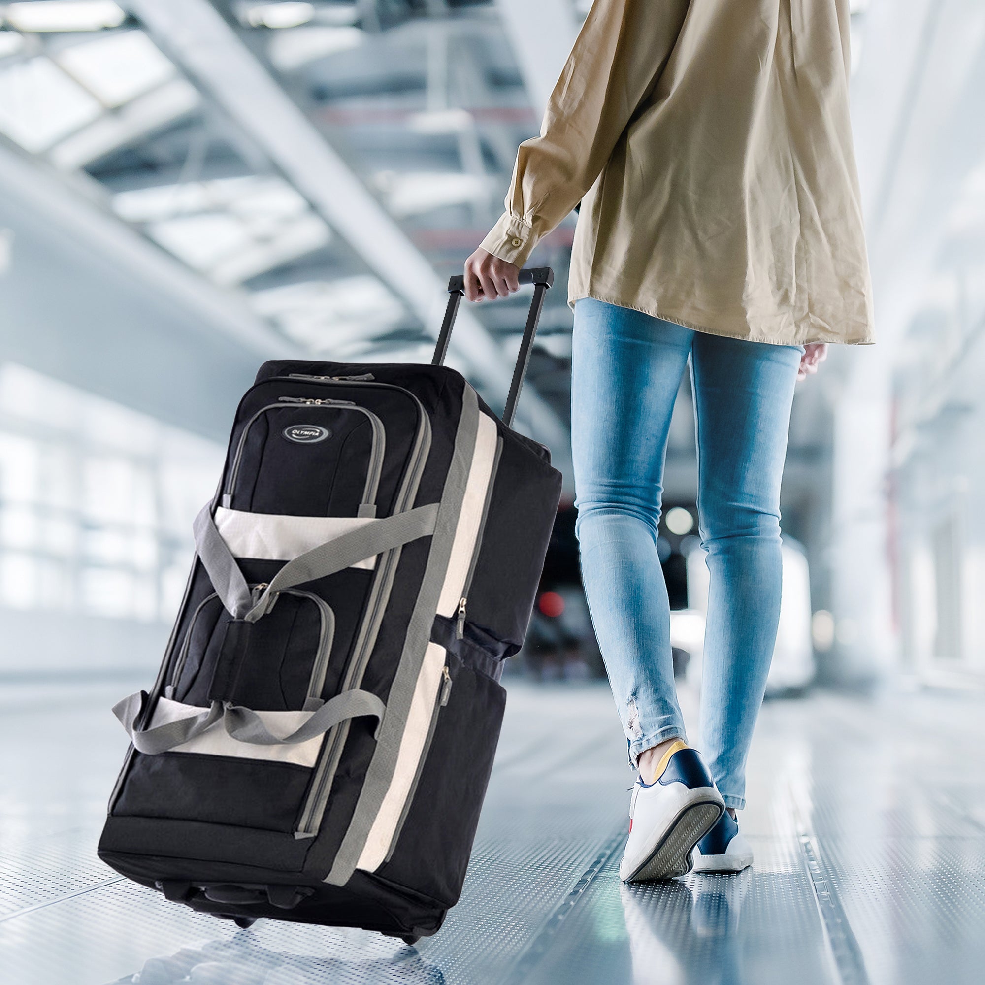33 Inch 8 Pocket U Shape Rolling Duffel Bag w/ Retractable Handle, Black (Used) - VMInnovations