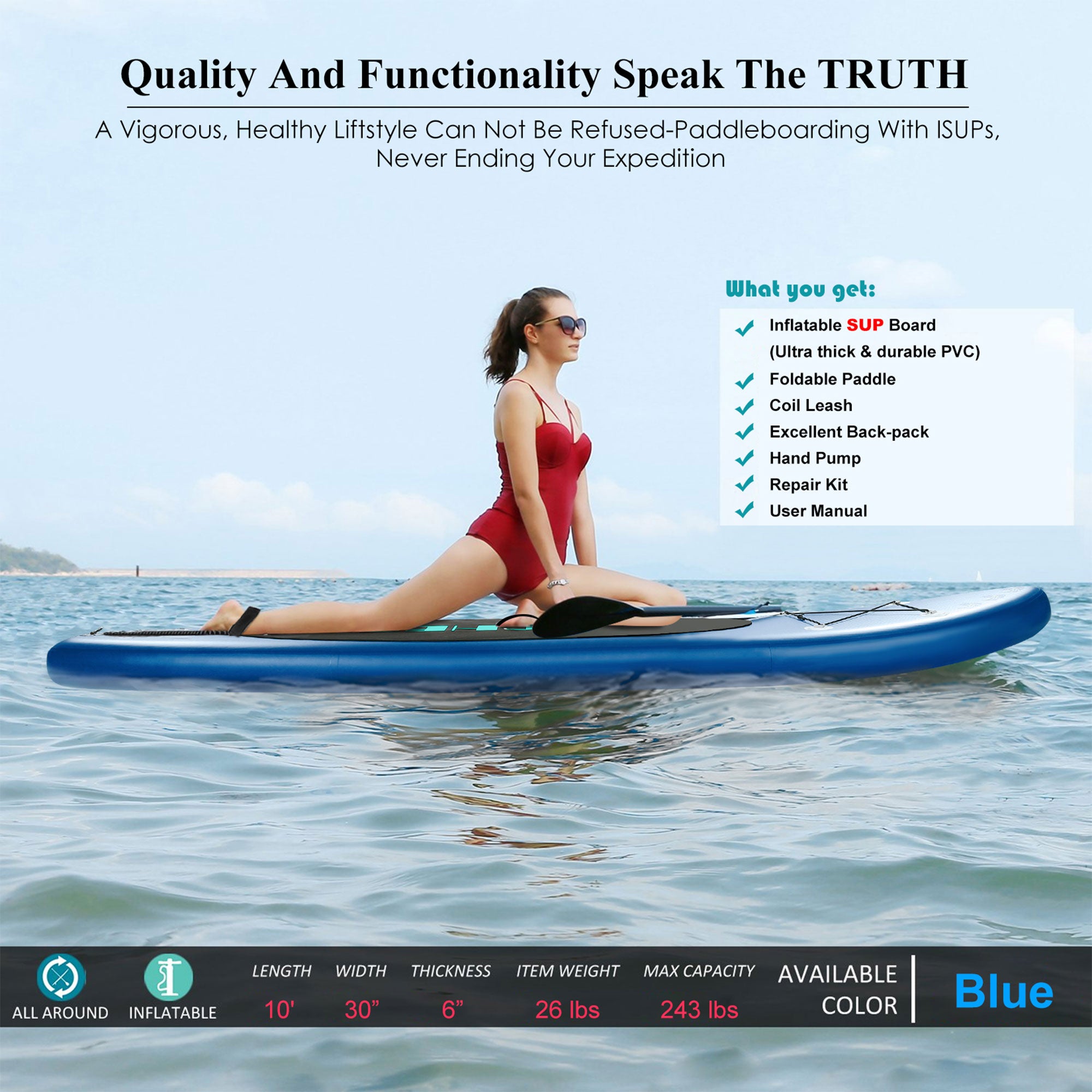 Ancheer iSUP Stand Up Paddle Board with Bag and Accessories, Blue (Open Box) - VMInnovations