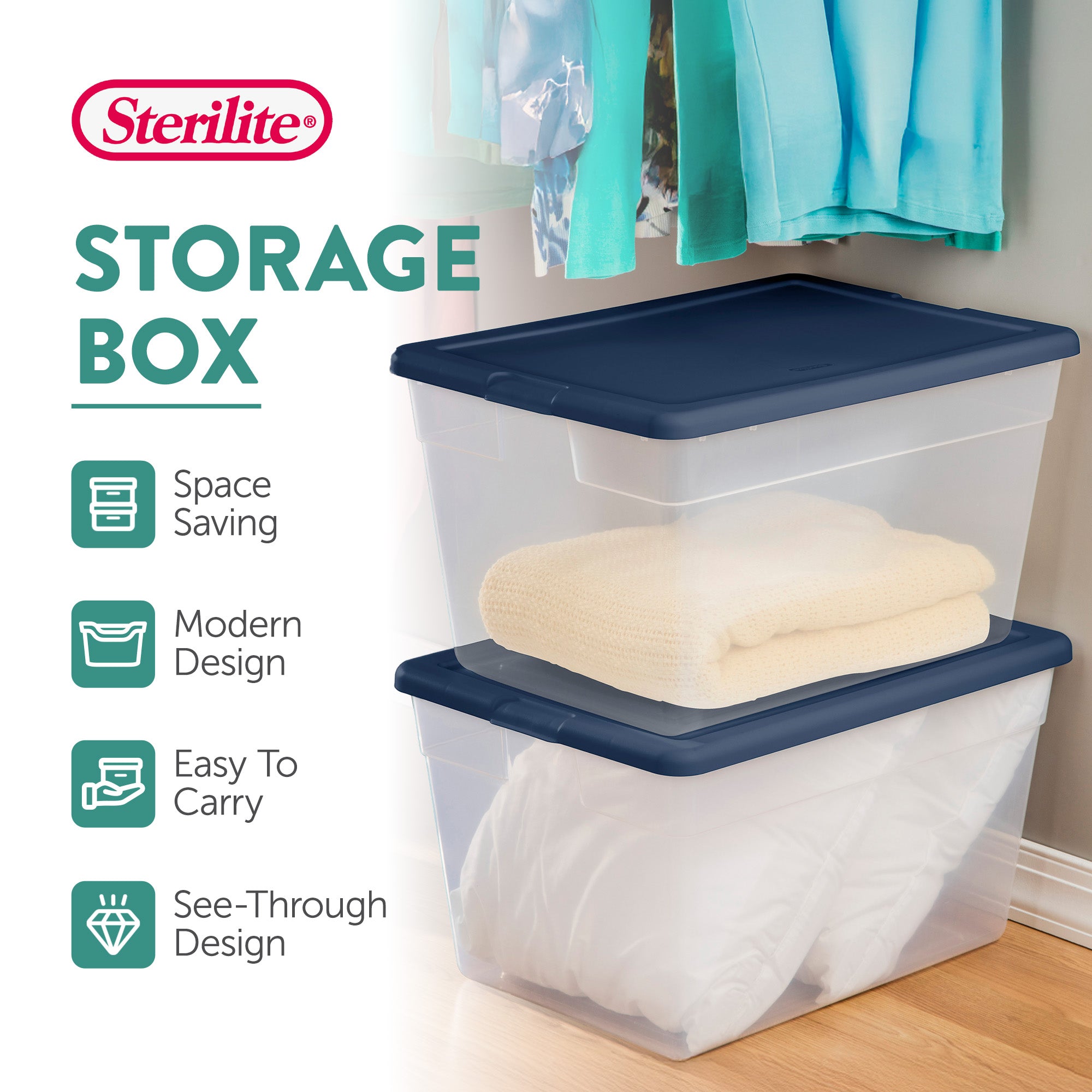 Sterilite Stackable 56 Quart Storage Tote, Clear with Marine Blue Lid, 8 Pack - VMInnovations