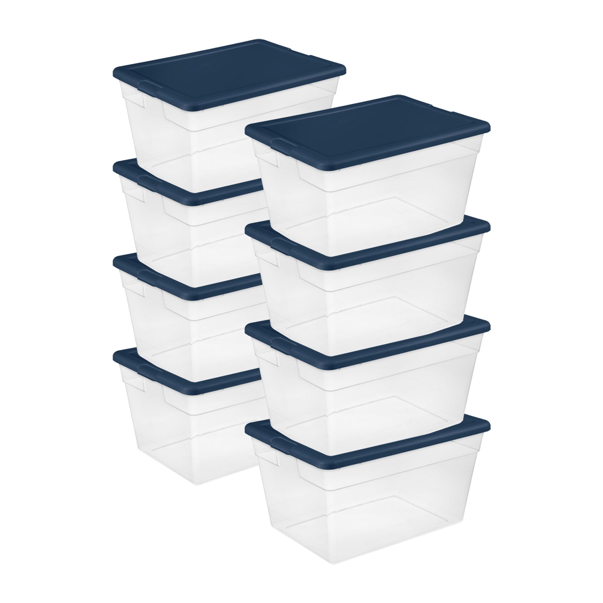 Sterilite Stackable 56 Quart Storage Tote, Clear with Marine Blue Lid, 8 Pack - VMInnovations