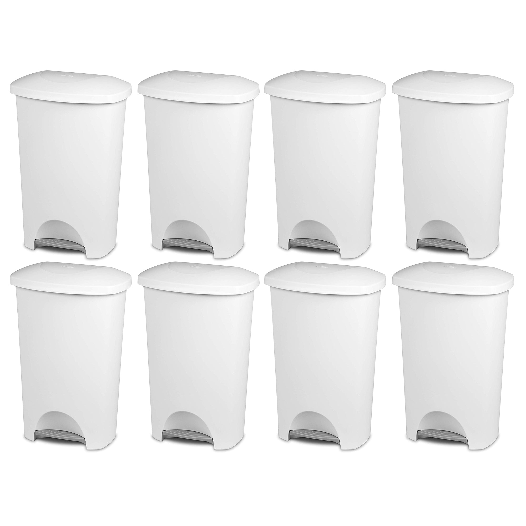 Sterilite 11 Gallon Hands Free StepOn Lid Lifting Wastebasket, White (8 Pack)