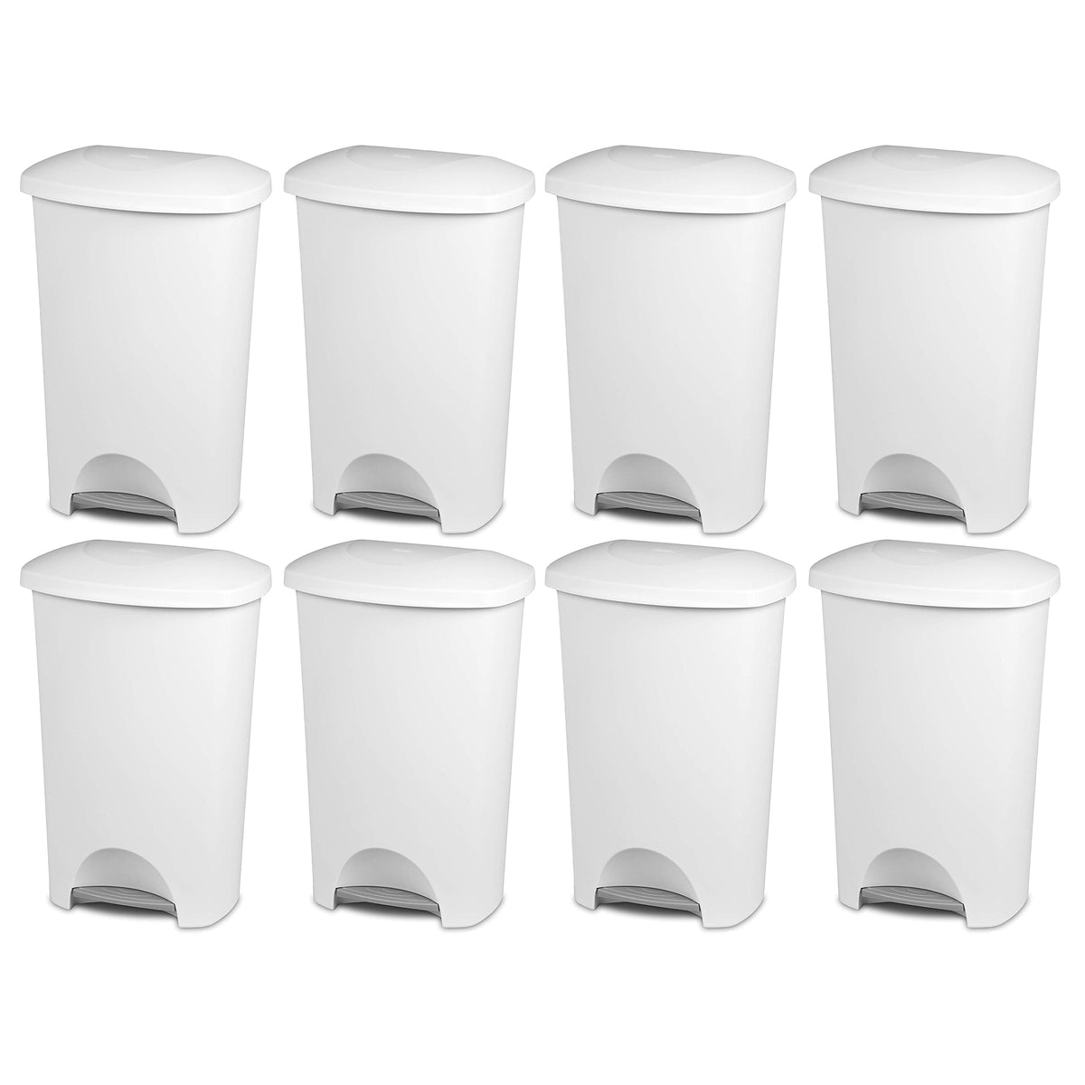 Sterilite 11 Gallon Hands Free StepOn Lid Lifting Wastebasket, White (8 Pack)